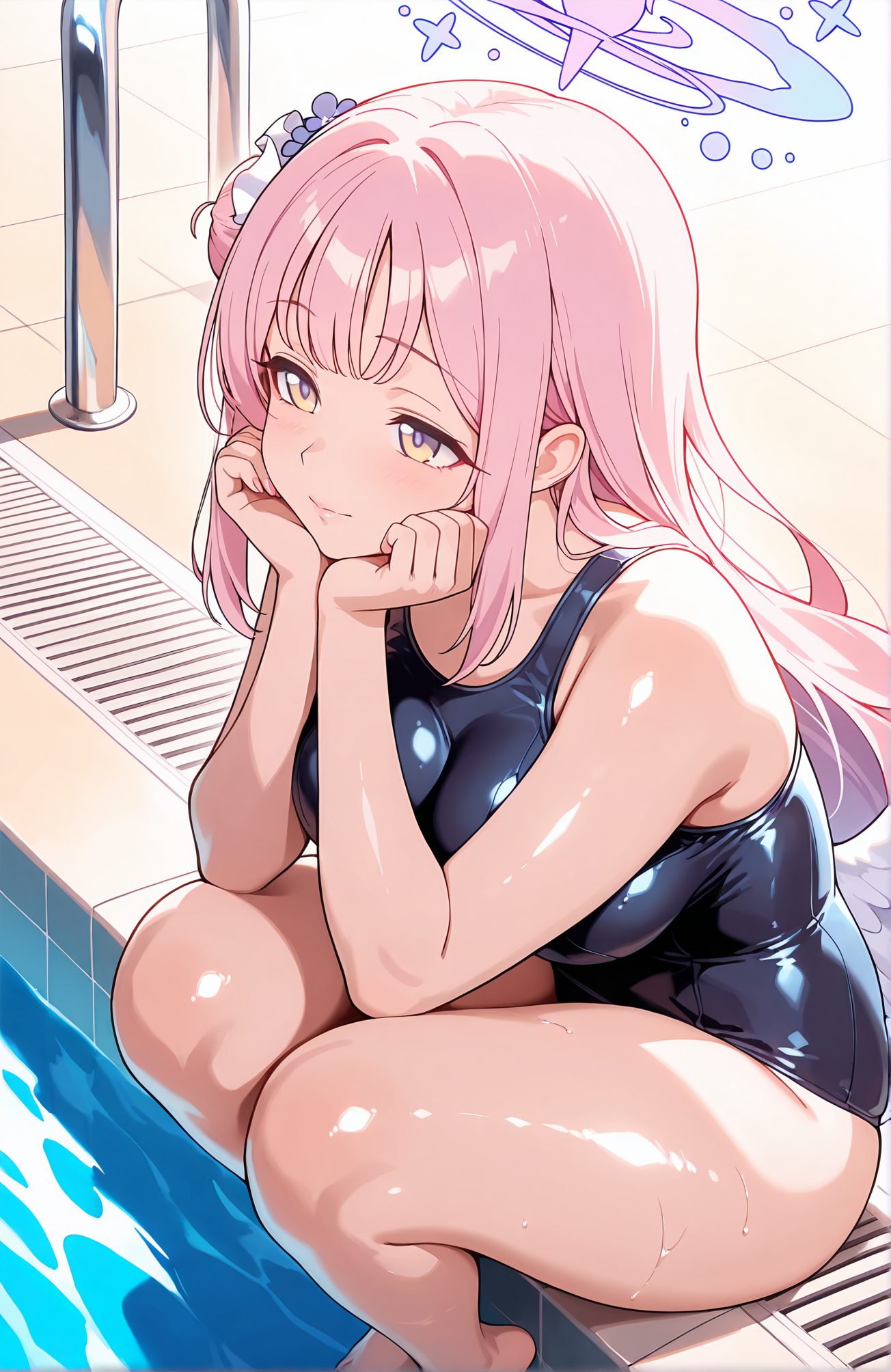 sensitive, 1girl, solo, long_hair, breasts, blush, smile, bangs, large_breasts, hair_ornament, bare_shoulders, medium_breasts, sitting, closed_mouth, swimsuit, yellow_eyes, pink_hair, flower, sidelocks, thighs, wings, barefoot, shiny, indoors, hair_flower, water, hair_bun, wet, one-piece_swimsuit, shiny_skin, bare_arms, bare_legs, halo, scrunchie, school_swimsuit, feathered_wings, hair_scrunchie, shiny_clothes, angel_wings, competition_swimsuit, head_rest, blue_one-piece_swimsuit, white_wings, tiles, pool, single_side_bun, hands_on_own_face, low_wings, tile_floor, soaking_feet, poolside, hands_on_own_cheeks, pool_ladder, mika_(blue_archive), 長い髪, 赤面, 笑顔, 前髪, 大きな胸, 髪飾り, 肩出し, 中くらいの胸, 座り, 口閉じ, 水着, ピンク髪, サイドロック, 光沢, 髪の花, 髪団子, ワンピース水着, 光沢肌, 学校水着, ヘアシュシュ, 競泳水着, ミカ（ブルーアーカイブ）