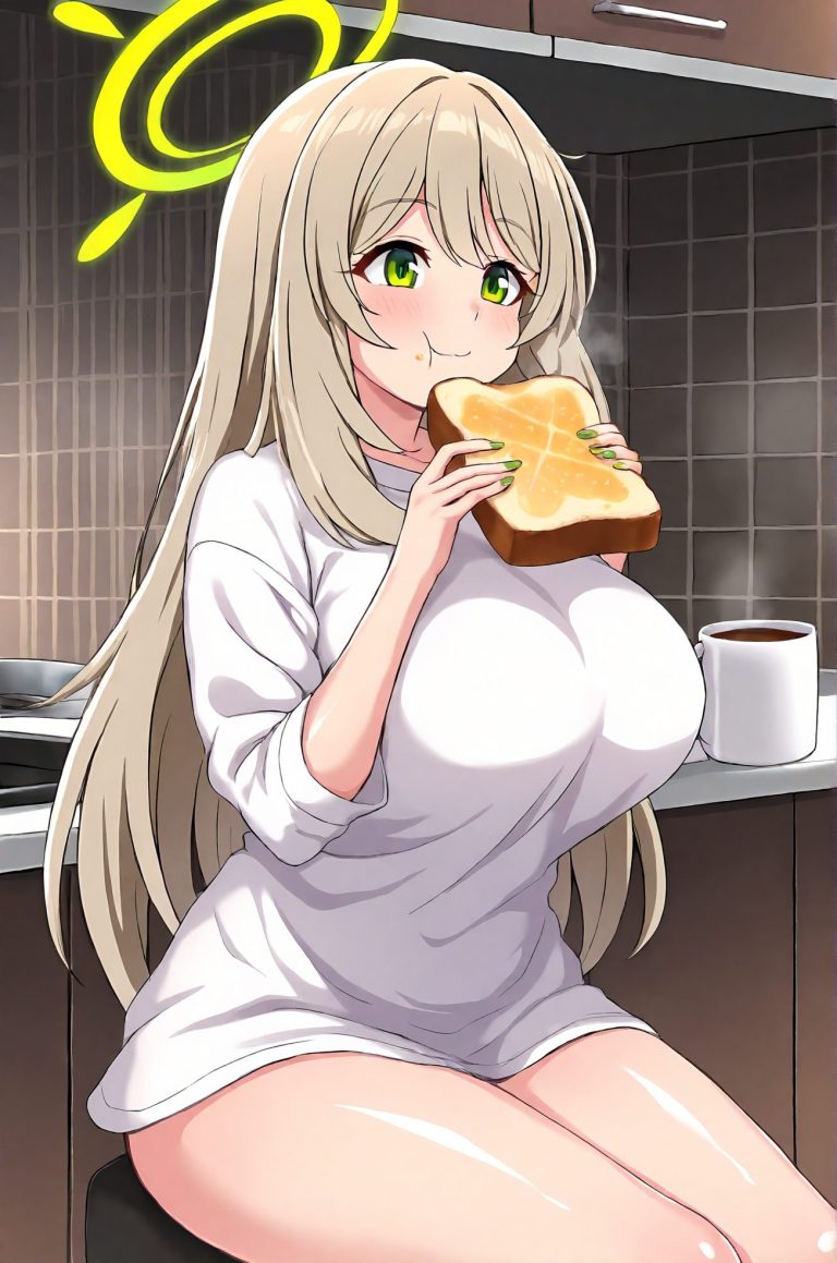 十六夜ノノが白いシャツで食べるAIイラスト