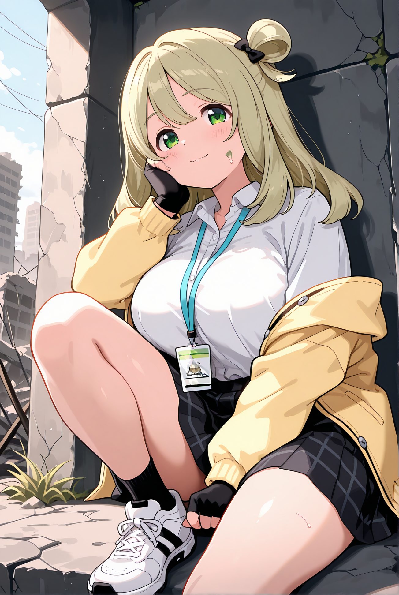 izayoi nonomi, sensitive, 1girl, solo, long_hair, breasts, looking_at_viewer, blush, smile, bangs, skirt, blonde_hair, large_breasts, shirt, gloves, long_sleeves, bow, sitting, closed_mouth, school_uniform, green_eyes, jacket, white_shirt, hair_bow, thighs, pleated_skirt, outdoors, open_clothes, sky, shoes, day, black_gloves, socks, collared_shirt, fingerless_gloves, black_skirt, off_shoulder, hair_bun, open_jacket, plaid, black_bow, halo, plaid_skirt, single_hair_bun, white_footwear, black_socks, sneakers, yellow_jacket, ruins, id_card, nonomi_(blue_archive), 長い髪, 赤面, 笑顔, 前髪, スカート, 金髪, 大きな胸, シャツ, 手袋, ボウ, 座り, 口閉じ, 学校制服, 緑の目, 白シャツ, 髪ボウ, 衣服開く, 靴, 黒手袋, ソックス, 髪団子, 黒ソックス, 十六夜ののみ_posted