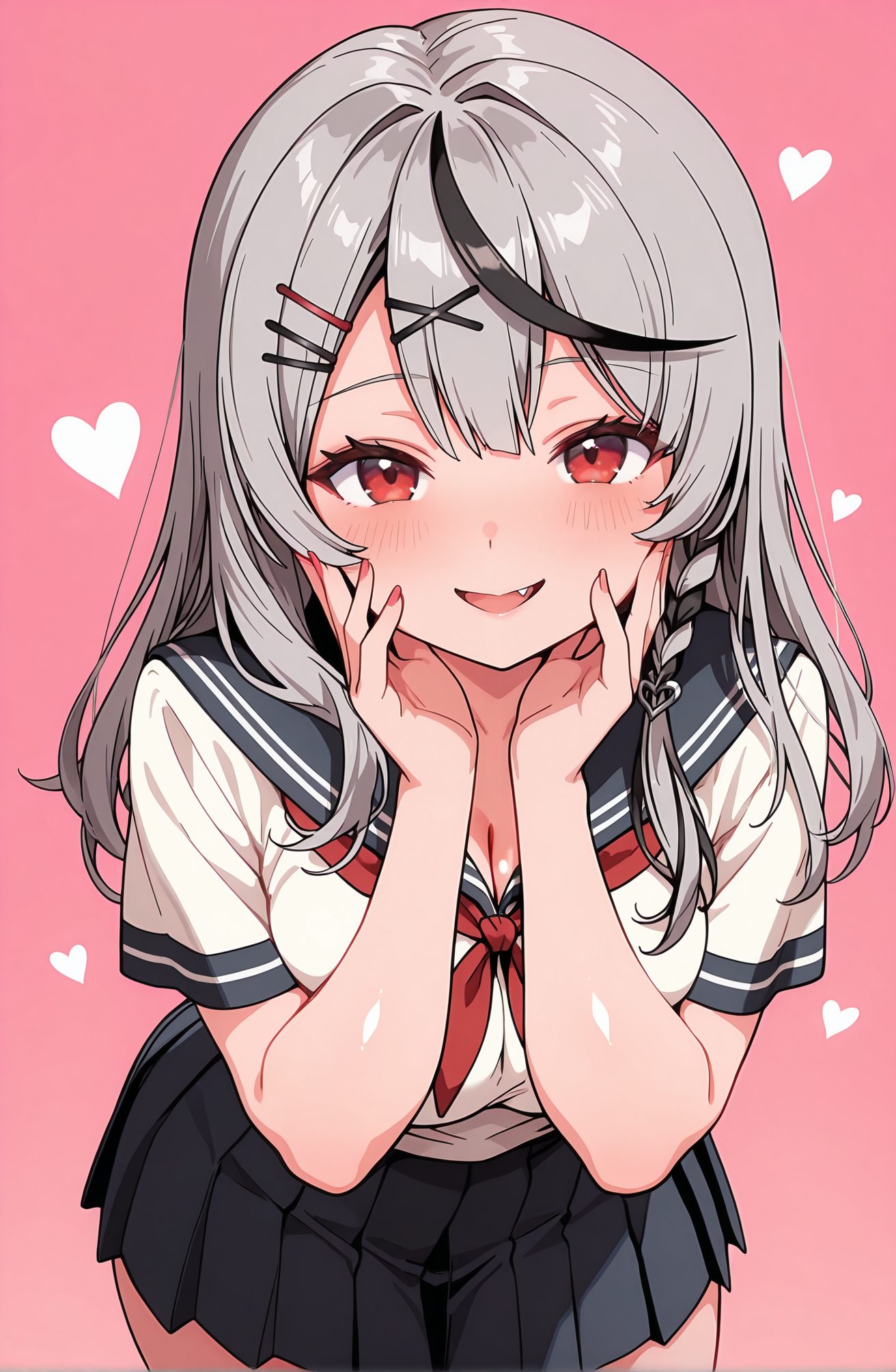 sensitive, 1girl, solo, long_hair, breasts, looking_at_viewer, blush, smile, open_mouth, bangs, skirt, large_breasts, simple_background, shirt, black_hair, hair_ornament, red_eyes, cleavage, medium_breasts, school_uniform, white_shirt, braid, short_sleeves, :d, grey_hair, heart, multicolored_hair, cowboy_shot, pleated_skirt, serafuku, alternate_costume, hairclip, fang, virtual_youtuber, black_skirt, sailor_collar, nail_polish, streaked_hair, neckerchief, leaning_forward, pink_background, x_hair_ornament, red_nails, red_neckerchief, skin_fang, black_sailor_collar, hands_on_own_face, hands_on_own_cheeks, sakamata_chloe, 長い髪, 赤面, 笑顔, 口開き, 前髪, スカート, 大きな胸, シャツ, 黒髪, 髪飾り, 赤い目, 中くらいの胸, 学校制服, 白シャツ, 灰髪, 多色髪, セーラー服, ヘアクリップ, バーチャルYouTuber, 沙花叉クロヱ