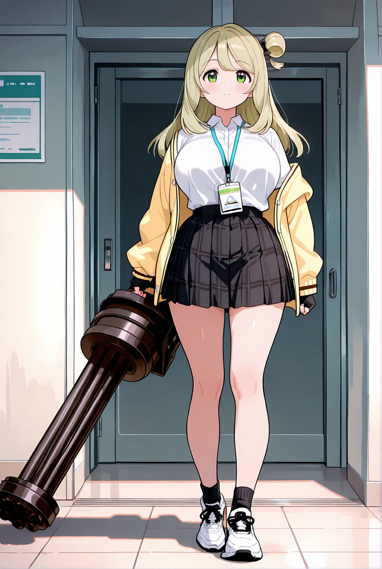 izayoi nonomi, sensitive, 1girl, solo, long_hair, breasts, looking_at_viewer, blush, bangs, skirt, blonde_hair, large_breasts, shirt, long_sleeves, holding, school_uniform, green_eyes, standing, jacket, full_body, white_shirt, weapon, pleated_skirt, open_clothes, shoes, socks, collared_shirt, indoors, hair_bun, holding_weapon, open_jacket, gun, plaid, halo, plaid_skirt, single_hair_bun, white_footwear, black_socks, sneakers, shirt_tucked_in, yellow_jacket, id_card, gatling_gun, nonomi_(blue_archive), 長い髪, 赤面, 前髪, スカート, 金髪, 大きな胸, シャツ, 学校制服, 緑の目, 白シャツ, 衣服開く, 靴, ソックス, 髪団子, 黒ソックス, 十六夜ののみ_posted