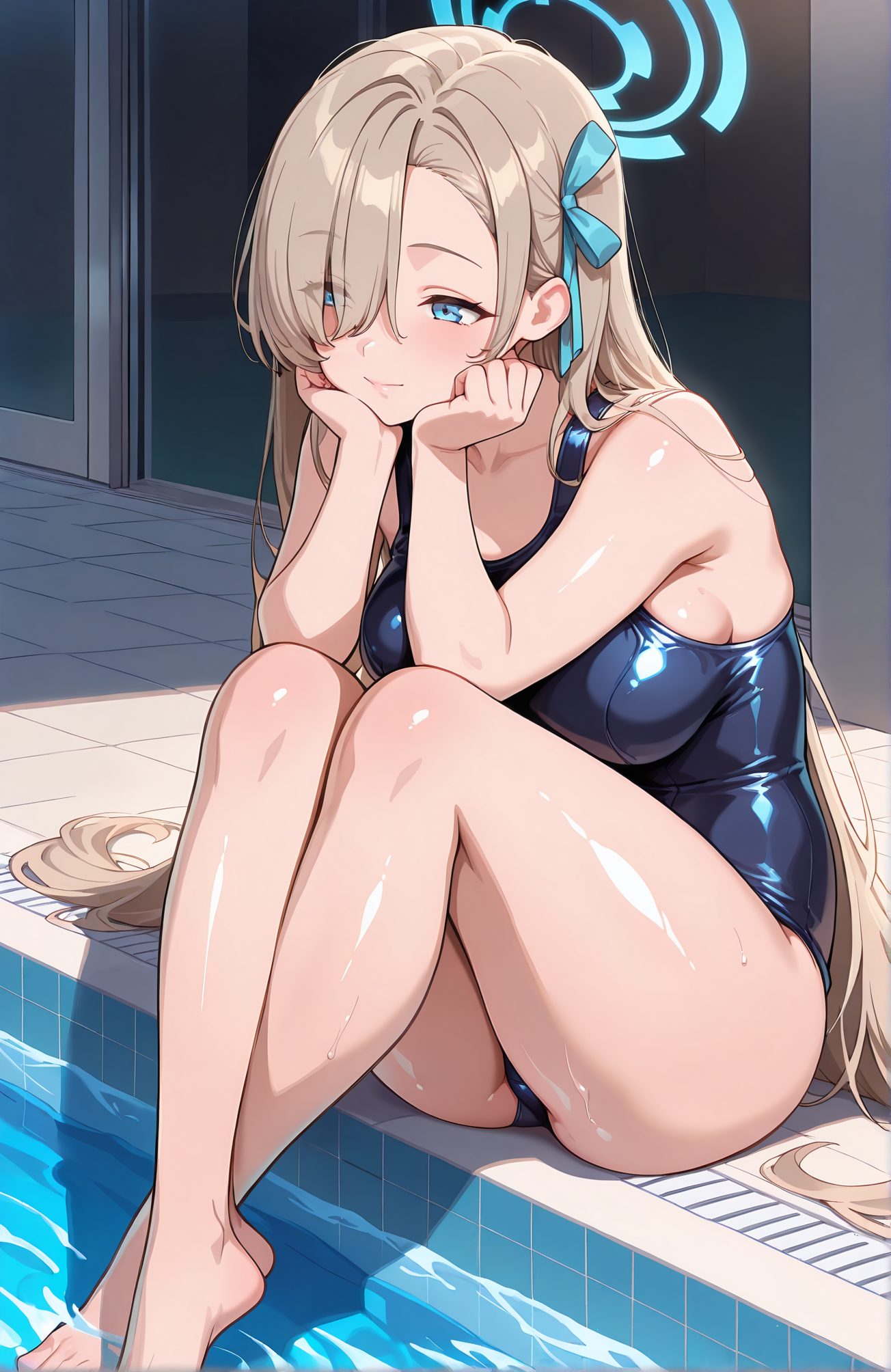 sensitive, 1girl, solo, long_hair, breasts, blush, smile, bangs, blue_eyes, large_breasts, ribbon, bare_shoulders, sitting, very_long_hair, closed_mouth, swimsuit, hair_ribbon, thighs, barefoot, alternate_costume, shiny, indoors, water, hair_over_one_eye, feet, wet, legs, one-piece_swimsuit, shiny_skin, bare_arms, bare_legs, sideboob, toes, swept_bangs, halo, school_swimsuit, light_brown_hair, eyes_visible_through_hair, blue_ribbon, shiny_clothes, head_rest, blue_one-piece_swimsuit, tiles, pool, hands_on_own_face, tile_floor, soaking_feet, poolside, hands_on_own_cheeks, asuna_(blue_archive), 長い髪, 赤面, 笑顔, 前髪, 青い目, 大きな胸, リボン, 肩出し, 座り, とても長い髪, 口閉じ, 水着, 髪リボン, 光沢, ワンピース水着, 光沢肌, 学校水着, アスナ（ブルーアーカイブ）, 一之瀬アスナ_posted