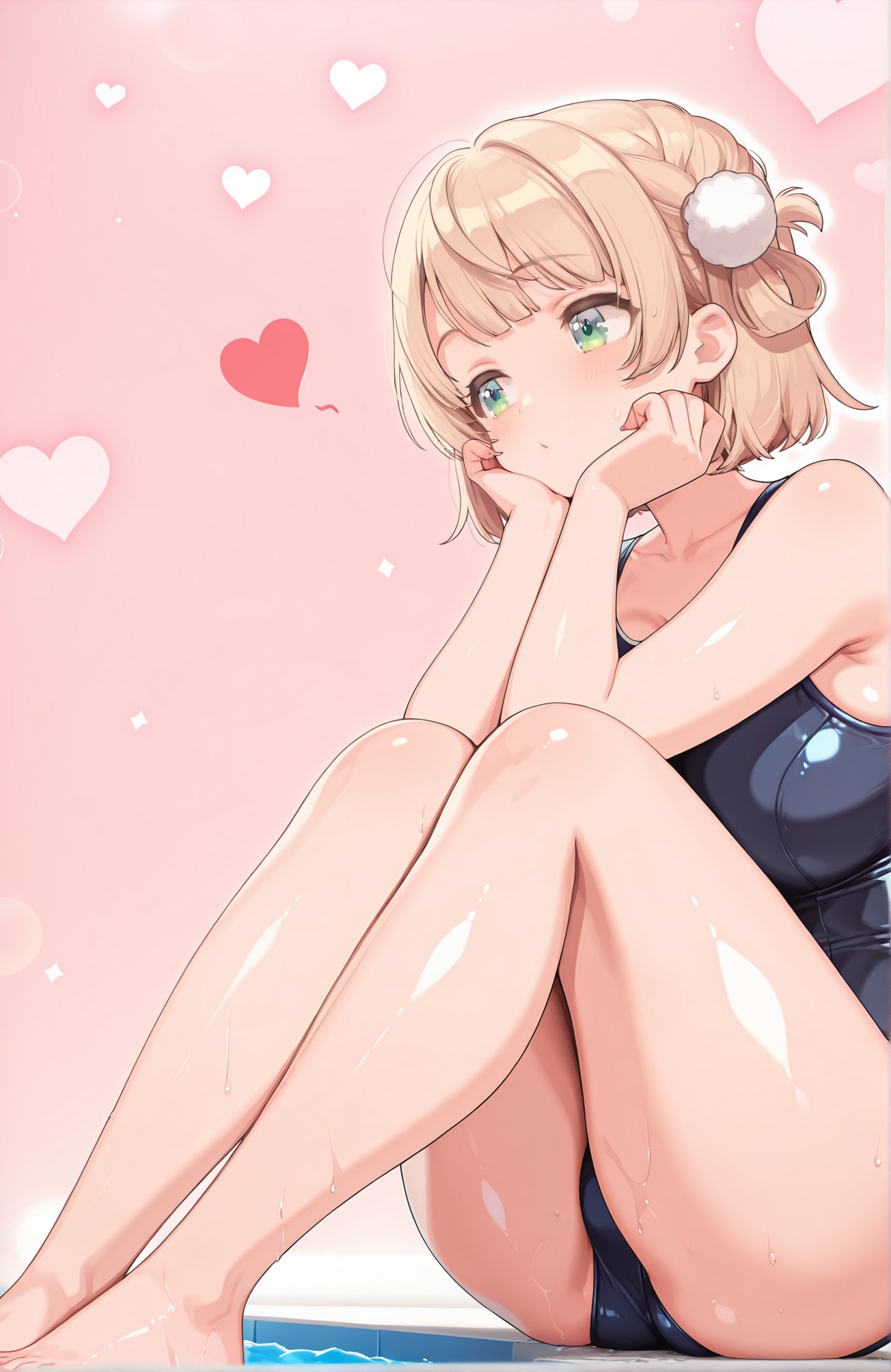 sensitive, 1girl, solo, breasts, blush, short_hair, bangs, blonde_hair, large_breasts, hair_ornament, bare_shoulders, sitting, closed_mouth, green_eyes, collarbone, swimsuit, braid, heart, thighs, barefoot, virtual_youtuber, wet, one-piece_swimsuit, bare_legs, school_swimsuit, light_brown_hair, pom_pom_(clothes), french_braid, hair_rings, blue_one-piece_swimsuit, black_one-piece_swimsuit, pool, pom_pom_hair_ornament, 赤面, 短い髪, 前髪, 金髪, 大きな胸, 髪飾り, 肩出し, 座り, 口閉じ, 緑の目, 鎖骨, 水着, バーチャルYouTuber, ワンピース水着, 学校水着, しぐれうい