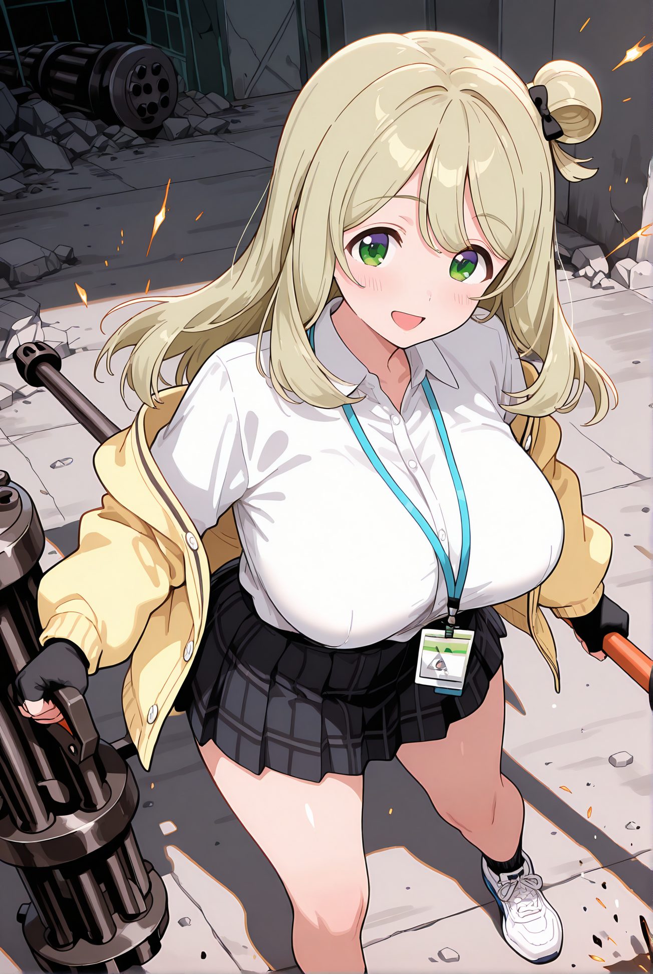 izayoi nonomi, sensitive, 1girl, solo, long_hair, breasts, looking_at_viewer, blush, smile, open_mouth, bangs, skirt, blonde_hair, large_breasts, shirt, gloves, long_sleeves, holding, green_eyes, standing, jacket, white_shirt, weapon, :d, hair_bow, pleated_skirt, outdoors, open_clothes, shoes, black_gloves, socks, collared_shirt, fingerless_gloves, black_skirt, hair_bun, holding_weapon, open_jacket, gun, plaid, halo, plaid_skirt, single_hair_bun, white_footwear, holding_gun, single_side_bun, id_card, lanyard, gatling_gun, nonomi_(blue_archive), 長い髪, 赤面, 笑顔, 口開き, 前髪, スカート, 金髪, 大きな胸, シャツ, 手袋, 緑の目, 白シャツ, 髪ボウ, 衣服開く, 靴, 黒手袋, ソックス, 髪団子, 十六夜ののみ_posted