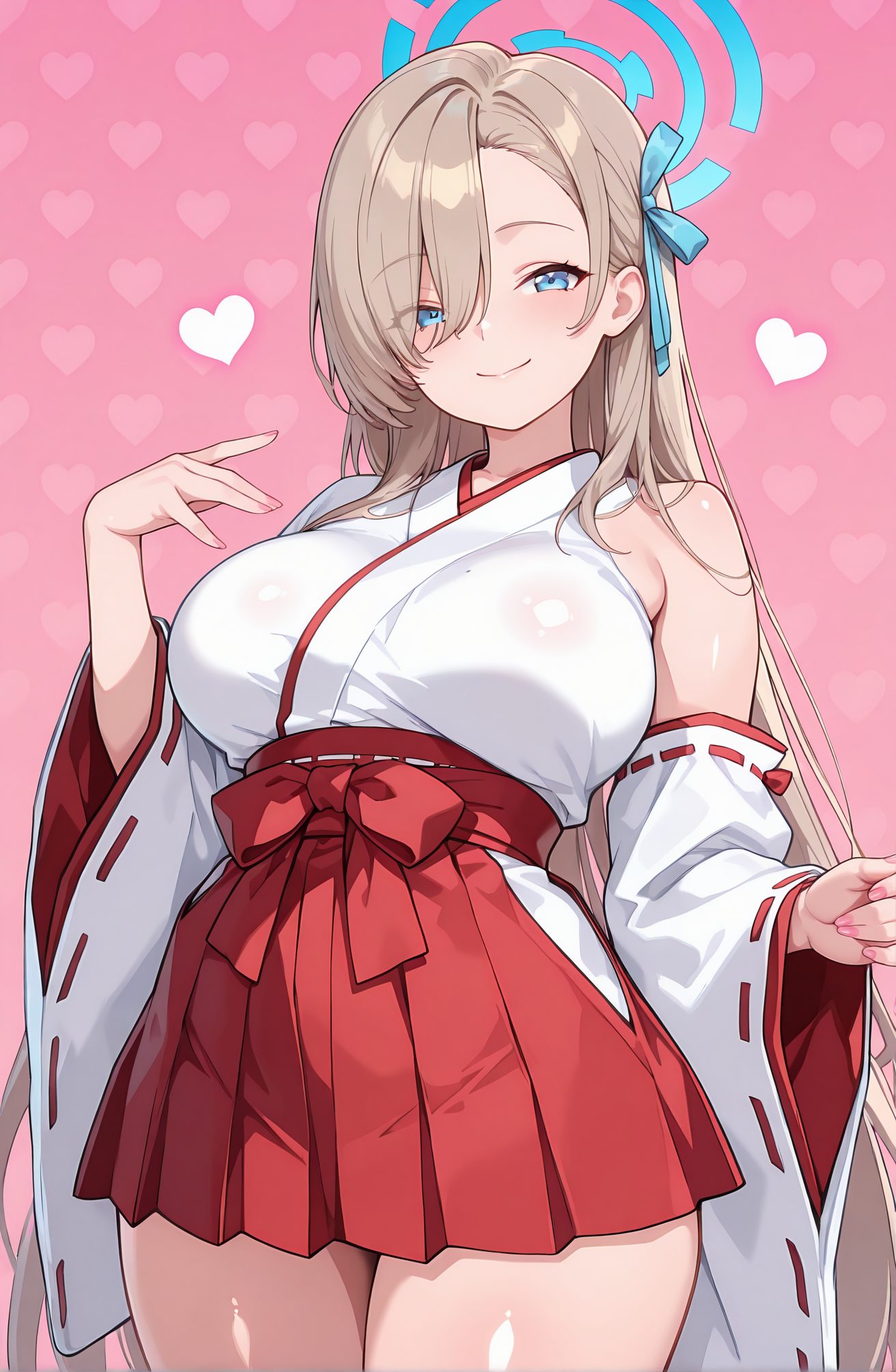 sensitive, 1girl, solo, long_hair, breasts, looking_at_viewer, blush, smile, bangs, blue_eyes, skirt, large_breasts, long_sleeves, ribbon, bare_shoulders, very_long_hair, closed_mouth, hair_ribbon, heart, thighs, cowboy_shot, detached_sleeves, japanese_clothes, alternate_costume, wide_sleeves, kimono, hair_over_one_eye, halo, pink_background, light_brown_hair, eyes_visible_through_hair, blue_ribbon, ribbon_trim, hakama, hakama_skirt, ribbon-trimmed_sleeves, white_kimono, miko, hakama_short_skirt, red_hakama, asuna_(blue_archive), 長い髪, 赤面, 笑顔, 前髪, 青い目, スカート, 大きな胸, リボン, 肩出し, とても長い髪, 口閉じ, 髪リボン, 和服, アスナ（ブルーアーカイブ）, 一之瀬アスナ_posted