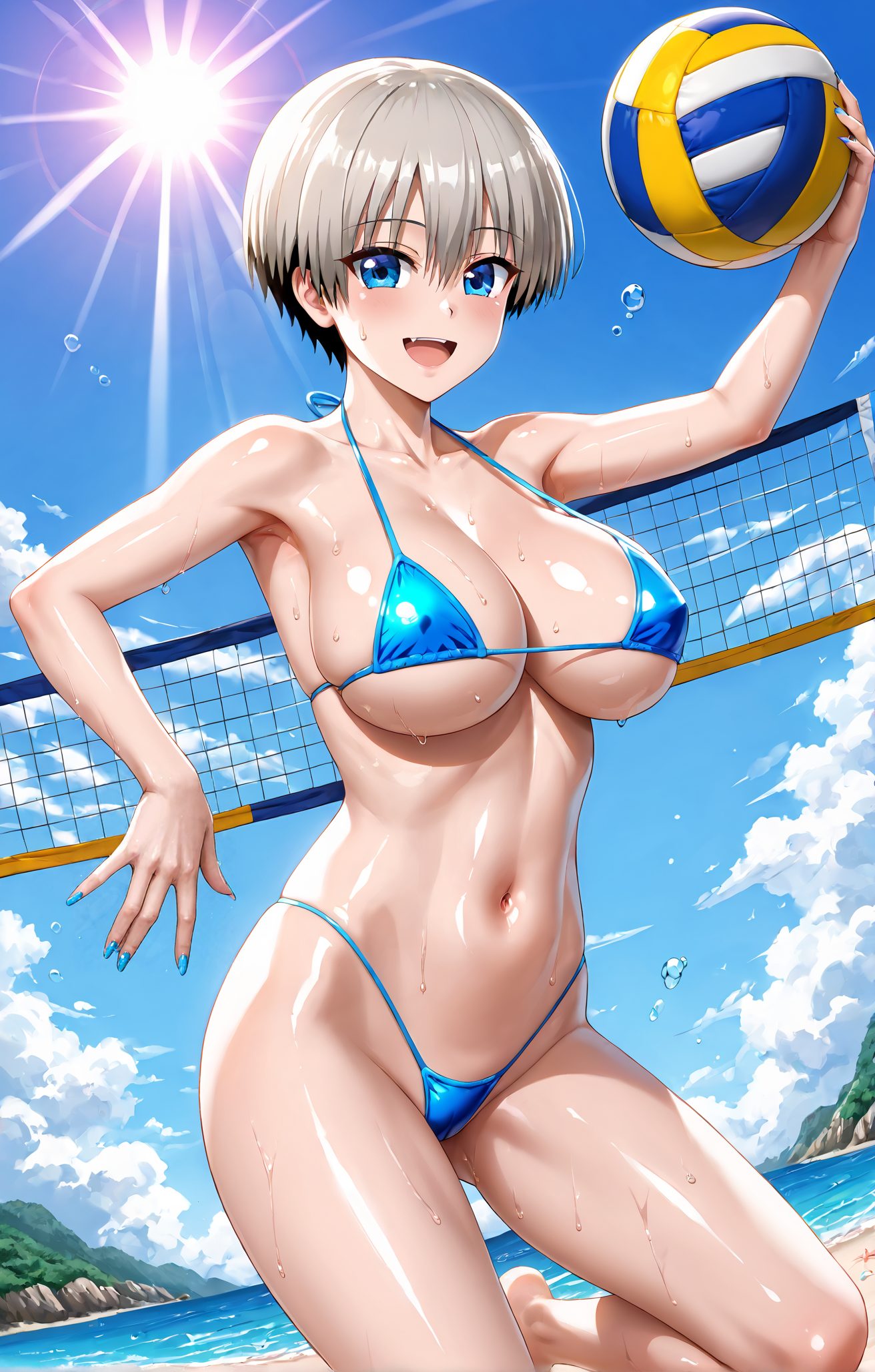 sensitive, questionable, 1girl, solo, breasts, looking_at_viewer, blush, smile, short_hair, open_mouth, bangs, blue_eyes, large_breasts, navel, cleavage, hair_between_eyes, bare_shoulders, collarbone, swimsuit, :d, grey_hair, bikini, thighs, sweat, outdoors, sky, barefoot, day, fang, shiny, cloud, armpits, water, stomach, nail_polish, blue_sky, wet, shiny_skin, kneeling, skindentation, ocean, highleg, beach, sunlight, string_bikini, micro_bikini, blue_bikini, ball, blue_nails, fence, sun, highleg_bikini, volleyball, uzaki_hana, 赤面, 笑顔, 短い髪, 口開き, 前髪, 青い目, 大きな胸, 目にかかる髪, 肩出し, 鎖骨, 水着, 灰髪, ビキニ, 汗, 光沢, 光沢肌, ストリングビキニ, マイクロビキニ, ハイレグビキニ, 宇崎花