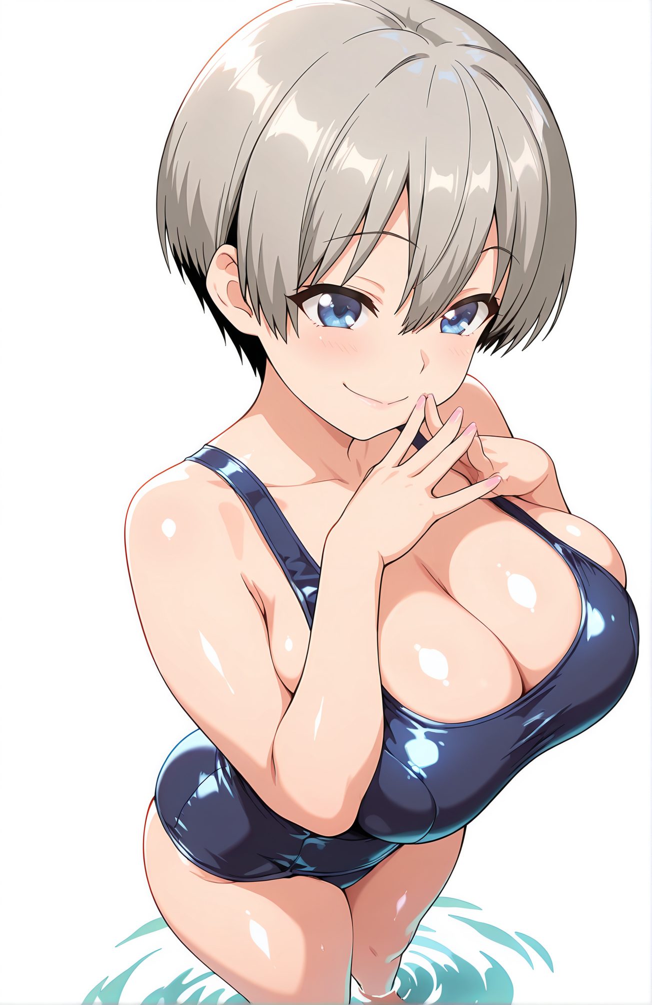 sensitive, 1girl, solo, breasts, looking_at_viewer, blush, smile, short_hair, bangs, blue_eyes, large_breasts, simple_background, white_background, cleavage, hair_between_eyes, bare_shoulders, closed_mouth, standing, collarbone, swimsuit, grey_hair, shiny, water, one-piece_swimsuit, school_swimsuit, pink_nails, wading, blue_one-piece_swimsuit, uzaki_hana, 赤面, 笑顔, 短い髪, 前髪, 青い目, 大きな胸, 目にかかる髪, 肩出し, 口閉じ, 鎖骨, 水着, 灰髪, 光沢, ワンピース水着, 学校水着, 宇崎花, 宇崎花_posted