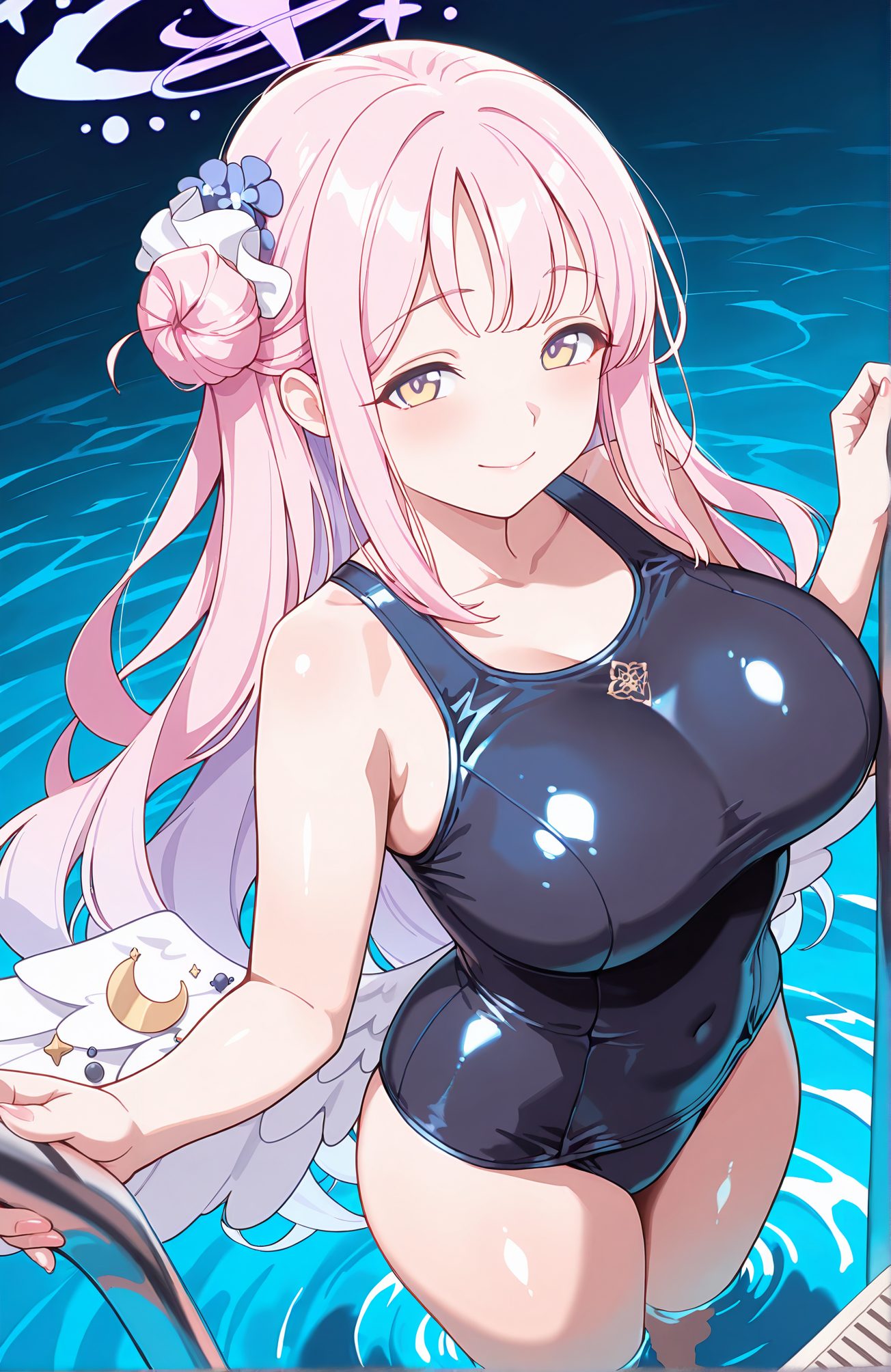sensitive, 1girl, solo, long_hair, breasts, looking_at_viewer, blush, smile, bangs, large_breasts, hair_ornament, bare_shoulders, very_long_hair, closed_mouth, collarbone, swimsuit, yellow_eyes, pink_hair, flower, sidelocks, thighs, wings, shiny, hair_flower, water, hair_bun, one-piece_swimsuit, bare_arms, covered_navel, halo, scrunchie, school_swimsuit, feathered_wings, wading, hair_scrunchie, shiny_clothes, angel_wings, blue_one-piece_swimsuit, white_wings, black_one-piece_swimsuit, pool, single_side_bun, low_wings, poolside, pool_ladder, mika_(blue_archive), 長い髪, 赤面, 笑顔, 前髪, 大きな胸, 髪飾り, 肩出し, とても長い髪, 口閉じ, 鎖骨, 水着, ピンク髪, サイドロック, 光沢, 髪の花, 髪団子, ワンピース水着, 学校水着, ヘアシュシュ, ミカ（ブルーアーカイブ）