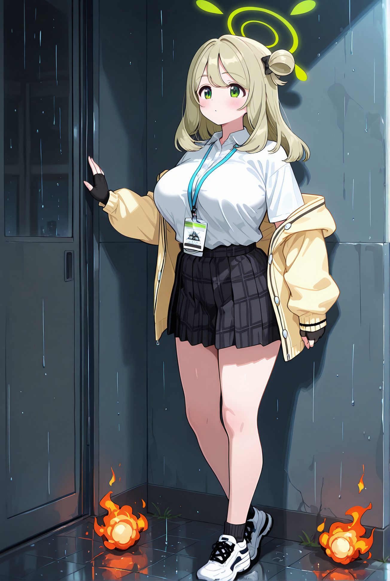 izayoi nonomi, sensitive, 1girl, solo, long_hair, breasts, blush, bangs, skirt, large_breasts, shirt, gloves, long_sleeves, school_uniform, green_eyes, standing, jacket, full_body, white_shirt, pleated_skirt, open_clothes, shoes, black_gloves, socks, collared_shirt, fingerless_gloves, black_skirt, off_shoulder, hair_bun, open_jacket, plaid, halo, plaid_skirt, white_footwear, fire, black_socks, sneakers, rain, shirt_tucked_in, yellow_jacket, id_card, lanyard, nonomi_(blue_archive), 長い髪, 赤面, 前髪, スカート, 大きな胸, シャツ, 手袋, 学校制服, 緑の目, 白シャツ, 衣服開く, 靴, 黒手袋, ソックス, 髪団子, 黒ソックス, 十六夜ののみ_posted