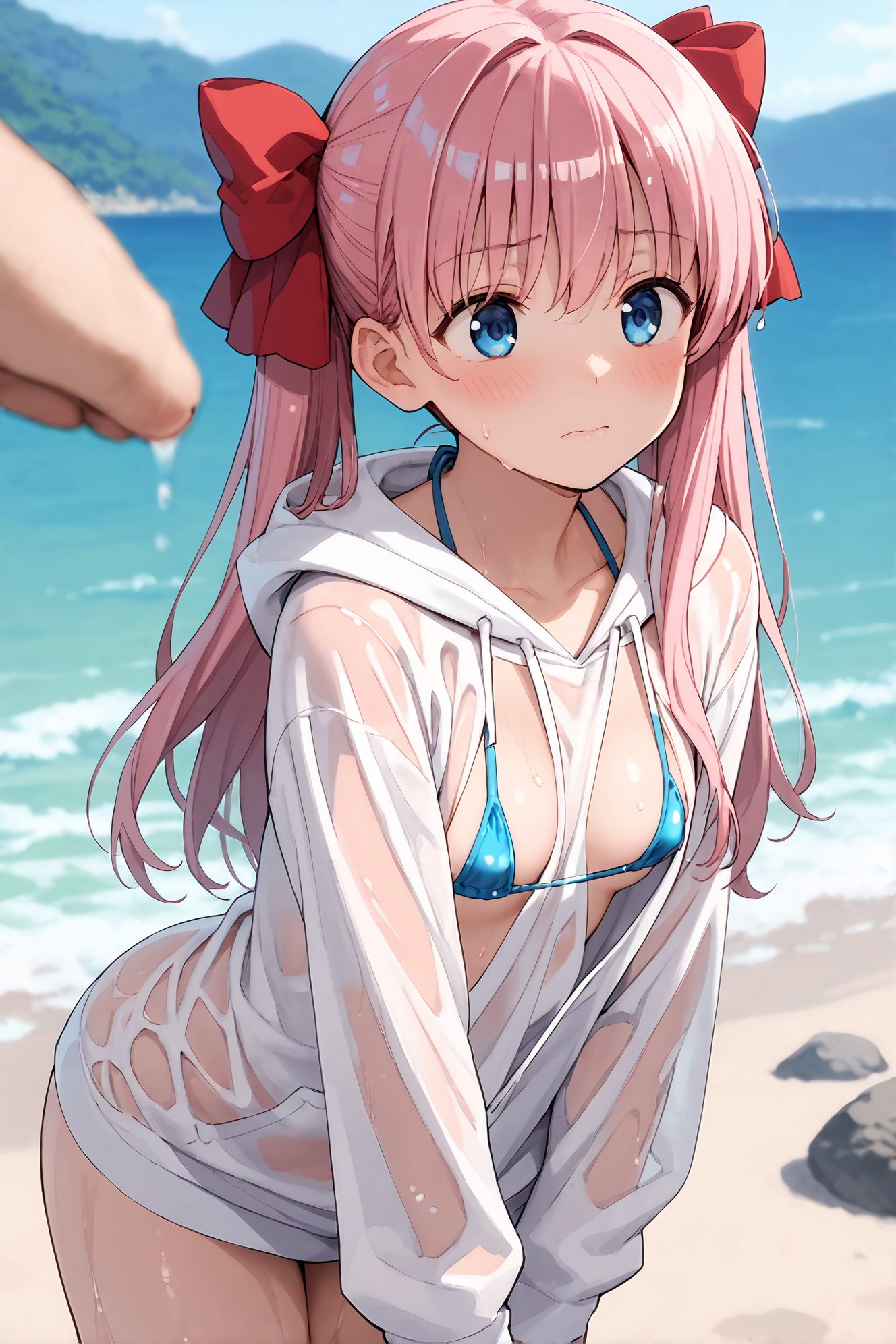 sensitive, 1girl, long_hair, breasts, blush, bangs, blue_eyes, long_sleeves, bow, twintails, closed_mouth, collarbone, swimsuit, pink_hair, hair_bow, bikini, small_breasts, outdoors, sky, solo_focus, day, hood, water, blurry, red_bow, blue_sky, wet, see-through, hoodie, leaning_forward, ocean, beach, hood_down, wet_clothes, blue_bikini, haramura_nodoka, 長い髪, 赤面, 前髪, 青い目, ボウ, ツインテール, 口閉じ, 鎖骨, 水着, ピンク髪, 髪ボウ, ビキニ, 小さな胸, 赤リボン, パーカー, 原村和, 原村和_posted