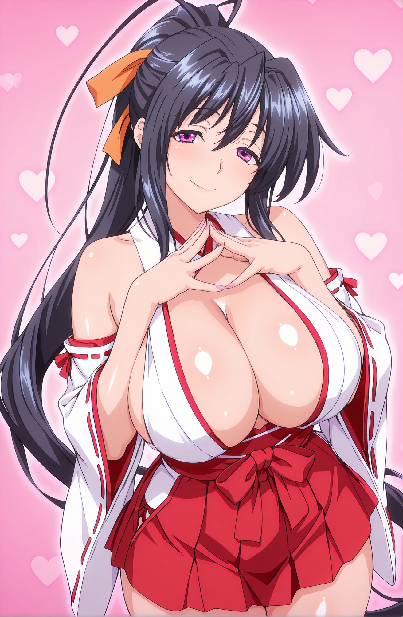sensitive, 1girl, solo, long_hair, breasts, looking_at_viewer, blush, smile, bangs, skirt, large_breasts, black_hair, ribbon, cleavage, hair_between_eyes, bare_shoulders, very_long_hair, closed_mouth, purple_eyes, hair_ribbon, ponytail, heart, sidelocks, cowboy_shot, detached_sleeves, japanese_clothes, shiny, wide_sleeves, nail_polish, huge_breasts, shiny_skin, pink_background, ribbon_trim, hakama, hakama_skirt, pink_nails, ribbon-trimmed_sleeves, miko, hakama_short_skirt, hip_vent, heart_background, orange_ribbon, himejima_akeno, 長い髪, 赤面, 笑顔, 前髪, スカート, 大きな胸, 黒髪, リボン, 目にかかる髪, 肩出し, とても長い髪, 口閉じ, 髪リボン, ポニーテール, サイドロック, 和服, 光沢, 巨大な胸, 光沢肌, 姫島朱乃