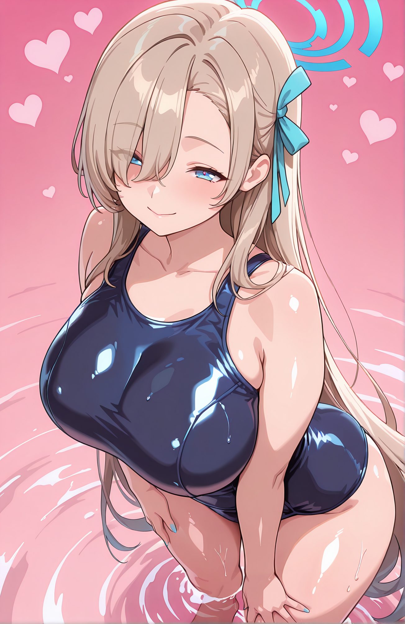 sensitive, 1girl, solo, long_hair, breasts, blush, smile, bangs, blue_eyes, large_breasts, ribbon, bare_shoulders, very_long_hair, closed_mouth, collarbone, swimsuit, hair_ribbon, heart, thighs, alternate_costume, shiny, water, nail_polish, hair_over_one_eye, wet, one-piece_swimsuit, leaning_forward, swept_bangs, halo, pink_background, school_swimsuit, light_brown_hair, blue_ribbon, wading, blue_nails, shiny_clothes, blue_one-piece_swimsuit, hand_on_own_thigh, asuna_(blue_archive), 長い髪, 赤面, 笑顔, 前髪, 青い目, 大きな胸, リボン, 肩出し, とても長い髪, 口閉じ, 鎖骨, 水着, 髪リボン, 光沢, ワンピース水着, 学校水着, アスナ（ブルーアーカイブ）, 一之瀬アスナ_posted