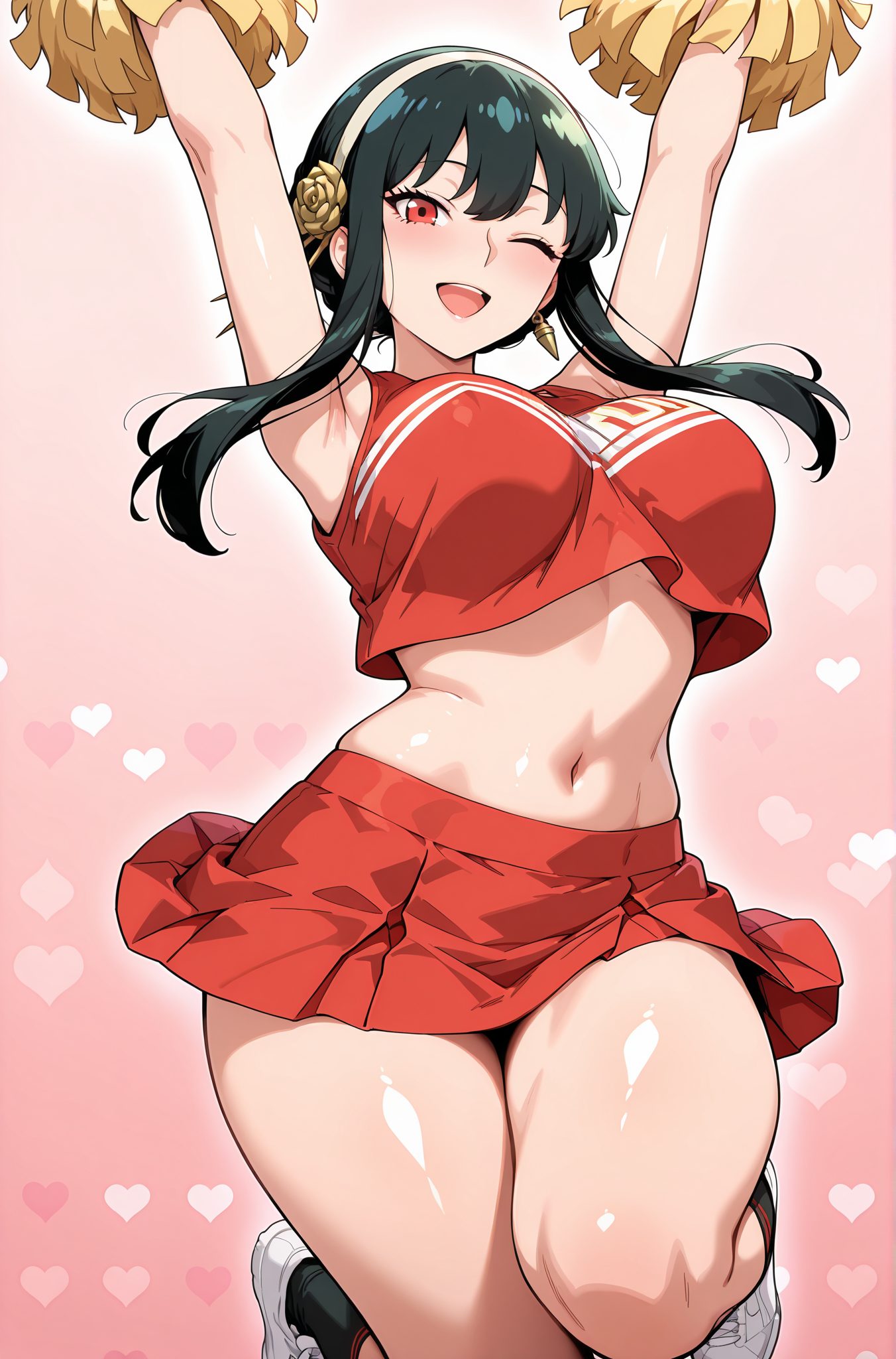 sensitive, 1girl, solo, long_hair, breasts, looking_at_viewer, blush, smile, open_mouth, bangs, skirt, large_breasts, shirt, black_hair, hair_ornament, red_eyes, navel, jewelry, flower, sidelocks, thighs, pleated_skirt, hairband, earrings, one_eye_closed, shoes, sleeveless, socks, midriff, miniskirt, armpits, stomach, arms_up, crop_top, red_skirt, rose, pink_background, white_footwear, ;d, sneakers, short_hair_with_long_locks, jumping, cheerleader, pom_pom_(cheerleading), crop_top_overhang, holding_pom_poms, gold_hairband, yor_briar, 長い髪, 赤面, 笑顔, 口開き, 前髪, スカート, 大きな胸, シャツ, 黒髪, 髪飾り, 赤い目, ジュエリー, サイドロック, ヘアバンド, イヤリング, 靴, ソックス, ミニスカート, クロップトップ, ヨル・ブライア
