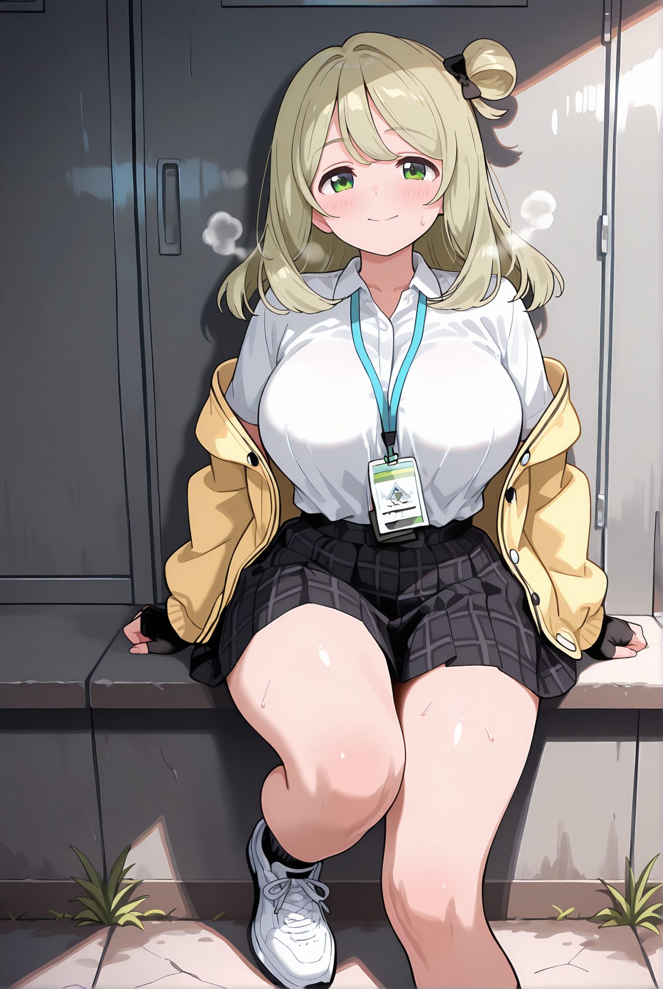 izayoi nonomi, sensitive, 1girl, solo, long_hair, breasts, looking_at_viewer, blush, smile, bangs, skirt, large_breasts, shirt, gloves, long_sleeves, bow, sitting, closed_mouth, school_uniform, green_eyes, jacket, white_shirt, hair_bow, thighs, sweat, pleated_skirt, open_clothes, shoes, black_gloves, socks, collared_shirt, fingerless_gloves, black_skirt, off_shoulder, hair_bun, open_jacket, plaid, plaid_skirt, single_hair_bun, white_footwear, black_socks, sneakers, breath, shirt_tucked_in, single_side_bun, yellow_jacket, id_card, bra_visible_through_clothes, nonomi_(blue_archive), 長い髪, 赤面, 笑顔, 前髪, スカート, 大きな胸, シャツ, 手袋, ボウ, 座り, 口閉じ, 学校制服, 緑の目, 白シャツ, 髪ボウ, 汗, 衣服開く, 靴, 黒手袋, ソックス, 髪団子, 黒ソックス, 十六夜ののみ_posted