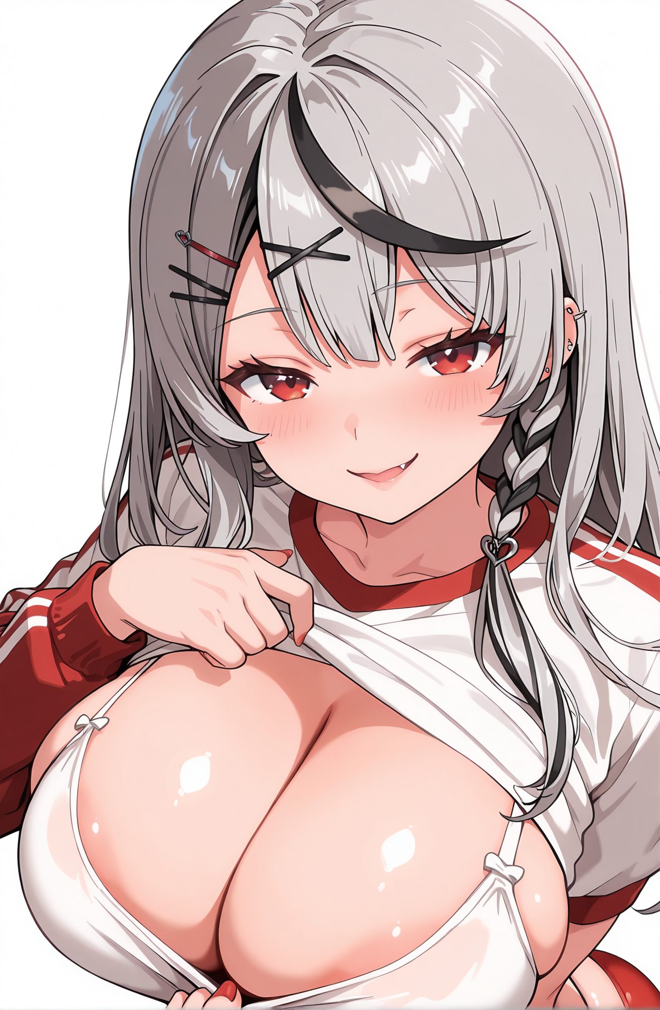 questionable, 1girl, solo, long_hair, breasts, looking_at_viewer, blush, smile, open_mouth, bangs, large_breasts, simple_background, shirt, black_hair, hair_ornament, red_eyes, long_sleeves, white_background, cleavage, underwear, jacket, white_shirt, upper_body, braid, grey_hair, heart, multicolored_hair, fang, virtual_youtuber, clothes_lift, bra, streaked_hair, shirt_lift, clothes_pull, piercing, x_hair_ornament, lifted_by_self, ear_piercing, red_nails, areola_slip, white_bra, gym_uniform, buruma, pulled_by_self, shirt_pull, sakamata_chloe, 長い髪, 赤面, 笑顔, 口開き, 前髪, 大きな胸, シャツ, 黒髪, 髪飾り, 赤い目, 下着, 白シャツ, 灰髪, 多色髪, バーチャルYouTuber, 衣服たくし上げ, ブラ, シャツたくし上げ, 体操服, ブルマ, 沙花叉クロヱ