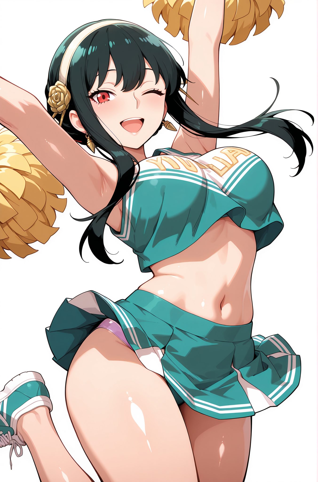 sensitive, 1girl, solo, long_hair, breasts, looking_at_viewer, blush, smile, open_mouth, bangs, skirt, large_breasts, simple_background, shirt, black_hair, hair_ornament, red_eyes, white_background, navel, holding, bare_shoulders, jewelry, underwear, panties, flower, sidelocks, thighs, pleated_skirt, hairband, earrings, one_eye_closed, shoes, sleeveless, midriff, miniskirt, armpits, stomach, arms_up, crop_top, shiny_skin, sleeveless_shirt, rose, pantyshot, ;d, green_skirt, pink_panties, sneakers, clothes_writing, jumping, cheerleader, pom_pom_(cheerleading), crop_top_overhang, aqua_skirt, yor_briar, 長い髪, 赤面, 笑顔, 口開き, 前髪, スカート, 大きな胸, シャツ, 黒髪, 髪飾り, 赤い目, 肩出し, ジュエリー, 下着, パンツ, サイドロック, ヘアバンド, イヤリング, 靴, ミニスカート, クロップトップ, 光沢肌, ヨル・ブライア