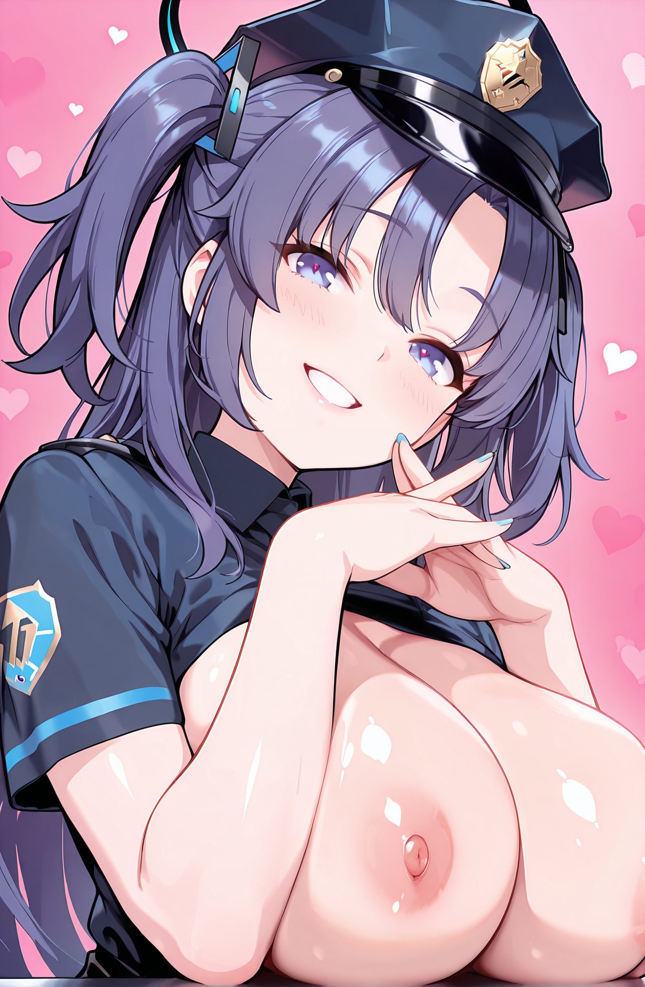 questionable, 1girl, solo, long_hair, breasts, looking_at_viewer, blush, smile, bangs, blue_eyes, large_breasts, shirt, hat, nipples, purple_eyes, upper_body, purple_hair, short_sleeves, heart, necktie, teeth, collared_shirt, clothes_lift, nail_polish, grin, uniform, two_side_up, parted_bangs, black_shirt, halo, shirt_lift, pink_background, own_hands_together, breasts_out, blue_shirt, blue_nails, police, police_uniform, policewoman, police_hat, yuuka_(blue_archive), 長い髪, 赤面, 笑顔, 前髪, 青い目, 大きな胸, シャツ, 帽子, 乳首, 紫髪, 衣服たくし上げ, 両側アップ, シャツたくし上げ, 胸出し, ユウカ（ブルーアーカイブ）