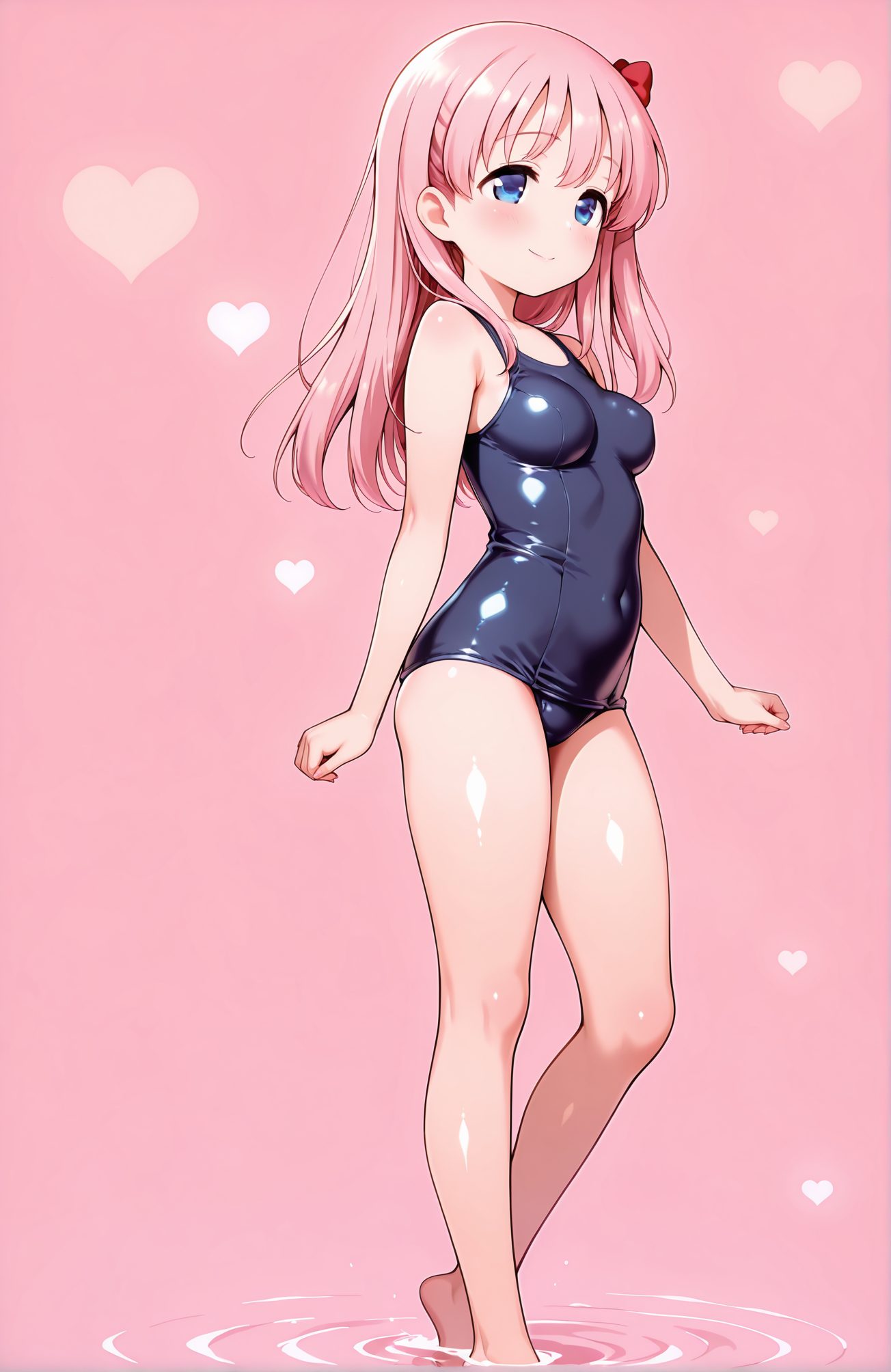 sensitive, 1girl, solo, long_hair, breasts, blush, smile, bangs, blue_eyes, bow, bare_shoulders, medium_breasts, closed_mouth, standing, swimsuit, full_body, pink_hair, hair_bow, heart, barefoot, shiny, water, red_bow, one-piece_swimsuit, shiny_skin, bare_legs, covered_navel, pink_background, school_swimsuit, wading, shiny_clothes, blue_one-piece_swimsuit, ripples, old_school_swimsuit, haramura_nodoka, 長い髪, 赤面, 笑顔, 前髪, 青い目, ボウ, 肩出し, 中くらいの胸, 口閉じ, 水着, ピンク髪, 髪ボウ, 光沢, 赤リボン, ワンピース水着, 光沢肌, 学校水着, 旧スクール水着, 原村和, 原村和_posted