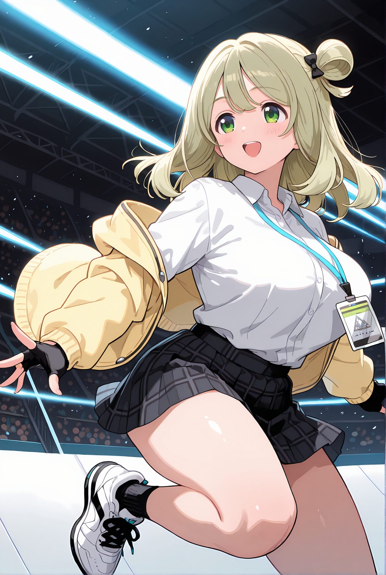 izayoi nonomi, sensitive, 1girl, solo, long_hair, breasts, blush, smile, open_mouth, bangs, skirt, blonde_hair, large_breasts, shirt, gloves, long_sleeves, bow, school_uniform, green_eyes, jacket, white_shirt, :d, hair_bow, thighs, pleated_skirt, open_clothes, shoes, teeth, black_gloves, socks, collared_shirt, fingerless_gloves, black_skirt, off_shoulder, hair_bun, open_jacket, plaid, black_bow, upper_teeth_only, halo, plaid_skirt, single_hair_bun, white_footwear, black_socks, sneakers, shirt_tucked_in, single_side_bun, yellow_jacket, id_card, lanyard, nonomi_(blue_archive), 長い髪, 赤面, 笑顔, 口開き, 前髪, スカート, 金髪, 大きな胸, シャツ, 手袋, ボウ, 学校制服, 緑の目, 白シャツ, 髪ボウ, 衣服開く, 靴, 黒手袋, ソックス, 髪団子, 黒ソックス, 十六夜ののみ_posted