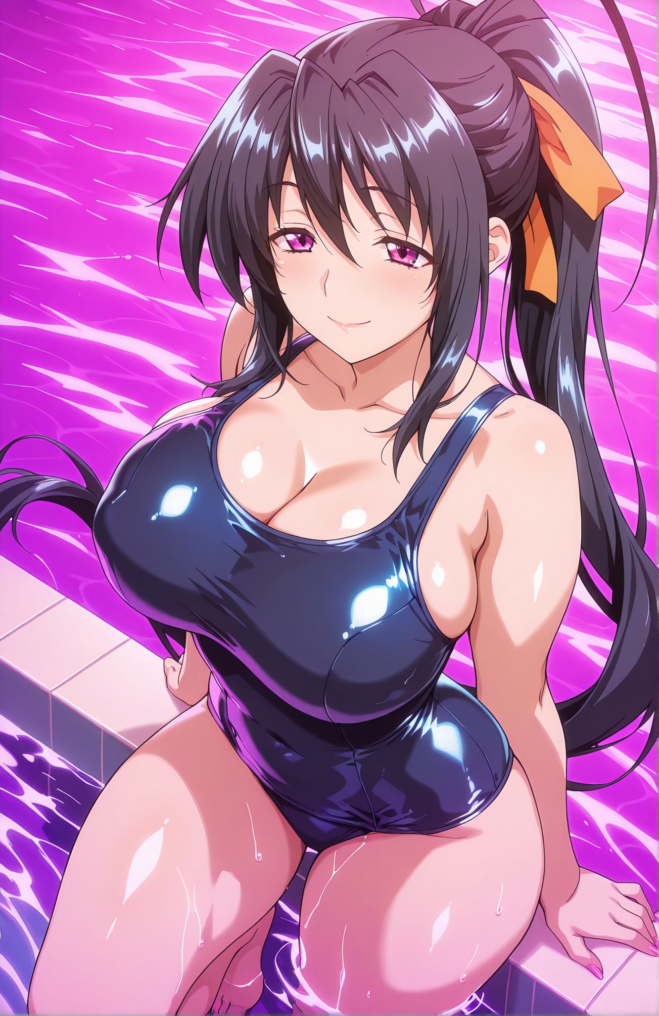 sensitive, 1girl, solo, long_hair, breasts, blush, smile, bangs, large_breasts, black_hair, ribbon, cleavage, hair_between_eyes, bare_shoulders, sitting, very_long_hair, closed_mouth, purple_eyes, collarbone, swimsuit, hair_ribbon, ponytail, sidelocks, thighs, barefoot, shiny, water, wet, one-piece_swimsuit, covered_navel, school_swimsuit, shiny_clothes, blue_one-piece_swimsuit, pool, himejima_akeno, 長い髪, 赤面, 笑顔, 前髪, 大きな胸, 黒髪, リボン, 目にかかる髪, 肩出し, 座り, とても長い髪, 口閉じ, 鎖骨, 水着, 髪リボン, ポニーテール, サイドロック, 光沢, ワンピース水着, 学校水着, 姫島朱乃