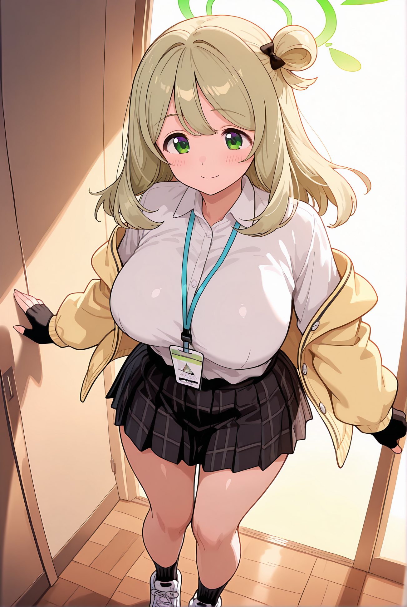 izayoi nonomi, sensitive, 1girl, solo, long_hair, breasts, blush, smile, bangs, skirt, large_breasts, shirt, gloves, long_sleeves, bow, closed_mouth, school_uniform, green_eyes, standing, jacket, white_shirt, hair_bow, pleated_skirt, open_clothes, shoes, black_gloves, socks, collared_shirt, indoors, fingerless_gloves, black_skirt, off_shoulder, hair_bun, open_jacket, plaid, halo, plaid_skirt, single_hair_bun, white_footwear, black_socks, sneakers, yellow_jacket, id_card, nonomi_(blue_archive), 長い髪, 赤面, 笑顔, 前髪, スカート, 大きな胸, シャツ, 手袋, ボウ, 口閉じ, 学校制服, 緑の目, 白シャツ, 髪ボウ, 衣服開く, 靴, 黒手袋, ソックス, 髪団子, 黒ソックス, 十六夜ののみ_posted