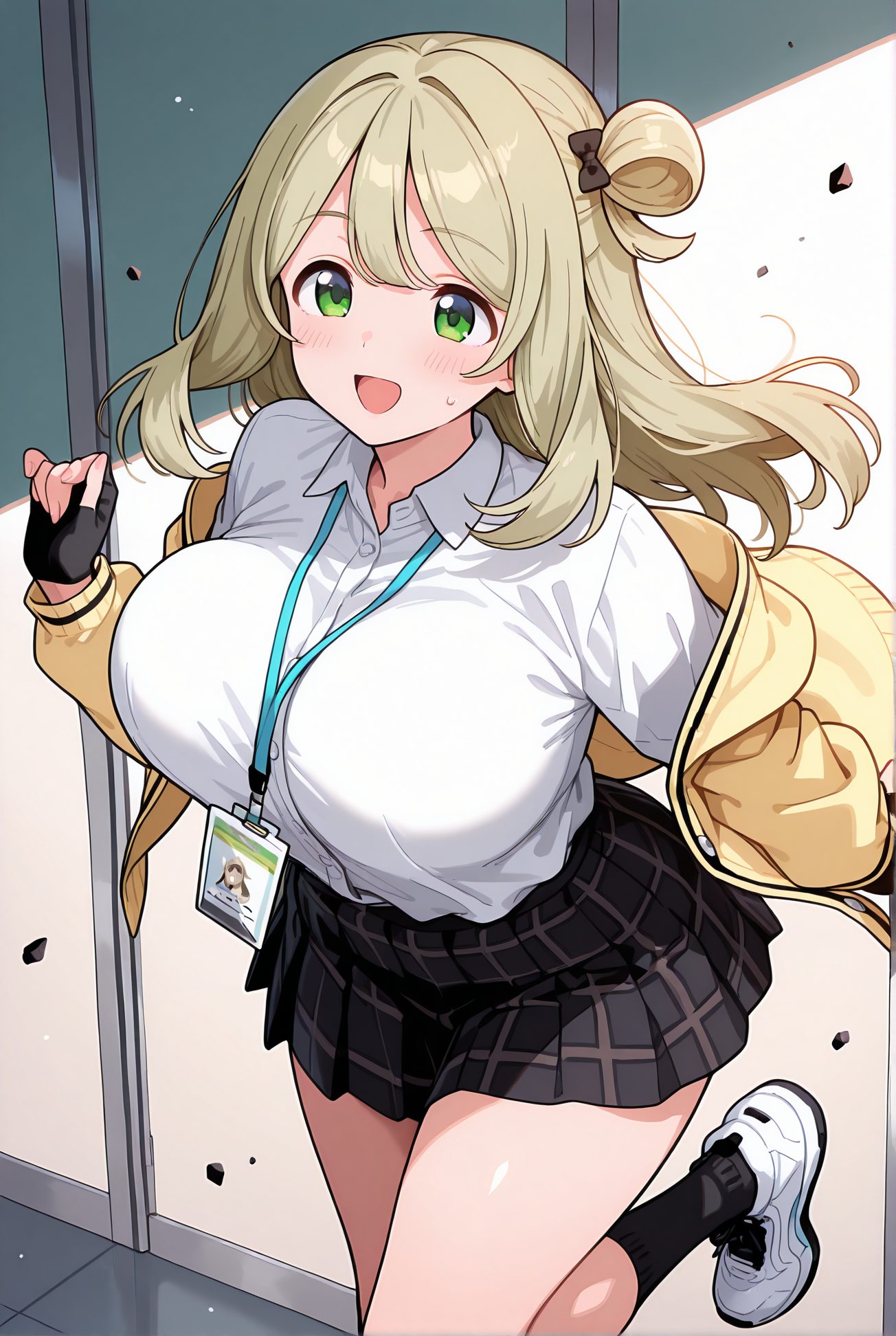 izayoi nonomi, sensitive, 1girl, solo, long_hair, breasts, blush, smile, open_mouth, bangs, skirt, large_breasts, shirt, gloves, long_sleeves, bow, school_uniform, green_eyes, jacket, white_shirt, :d, hair_bow, thighs, pleated_skirt, open_clothes, shoes, black_gloves, socks, collared_shirt, fingerless_gloves, black_skirt, hair_bun, open_jacket, plaid, black_bow, halo, plaid_skirt, single_hair_bun, white_footwear, black_socks, sneakers, id_card, lanyard, nonomi_(blue_archive), 長い髪, 赤面, 笑顔, 口開き, 前髪, スカート, 大きな胸, シャツ, 手袋, ボウ, 学校制服, 緑の目, 白シャツ, 髪ボウ, 衣服開く, 靴, 黒手袋, ソックス, 髪団子, 黒ソックス, 十六夜ののみ_posted