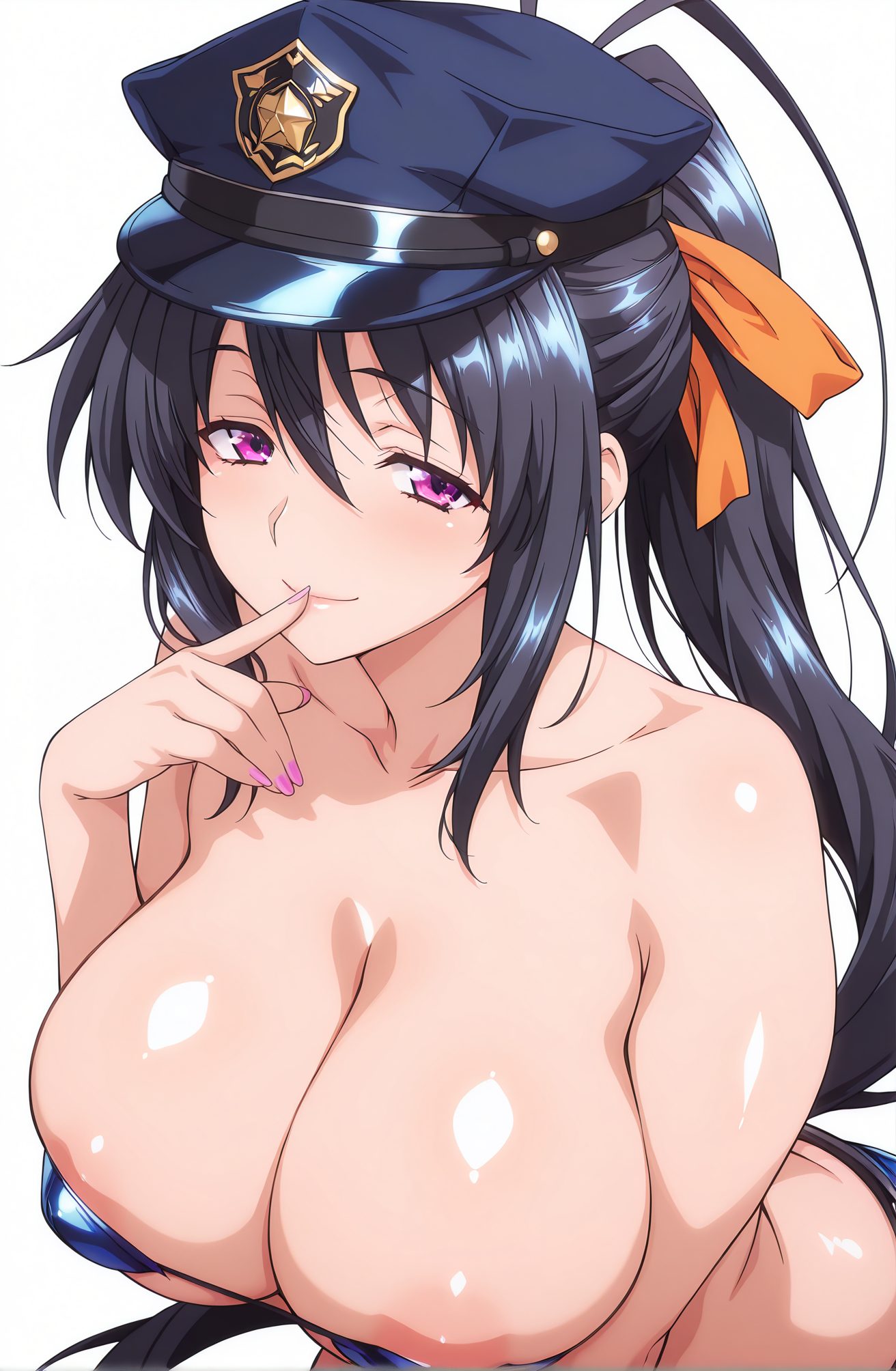 questionable, 1girl, solo, long_hair, breasts, looking_at_viewer, blush, smile, bangs, large_breasts, simple_background, black_hair, hat, white_background, ribbon, cleavage, hair_between_eyes, bare_shoulders, very_long_hair, closed_mouth, purple_eyes, collarbone, swimsuit, hair_ribbon, upper_body, ponytail, sidelocks, bikini, shiny, nail_polish, huge_breasts, shiny_skin, peaked_cap, finger_to_mouth, areola_slip, blue_bikini, pink_nails, himejima_akeno, 長い髪, 赤面, 笑顔, 前髪, 大きな胸, 黒髪, 帽子, リボン, 目にかかる髪, 肩出し, とても長い髪, 口閉じ, 鎖骨, 水着, 髪リボン, ポニーテール, サイドロック, ビキニ, 光沢, 巨大な胸, 光沢肌, ピーク帽, 姫島朱乃