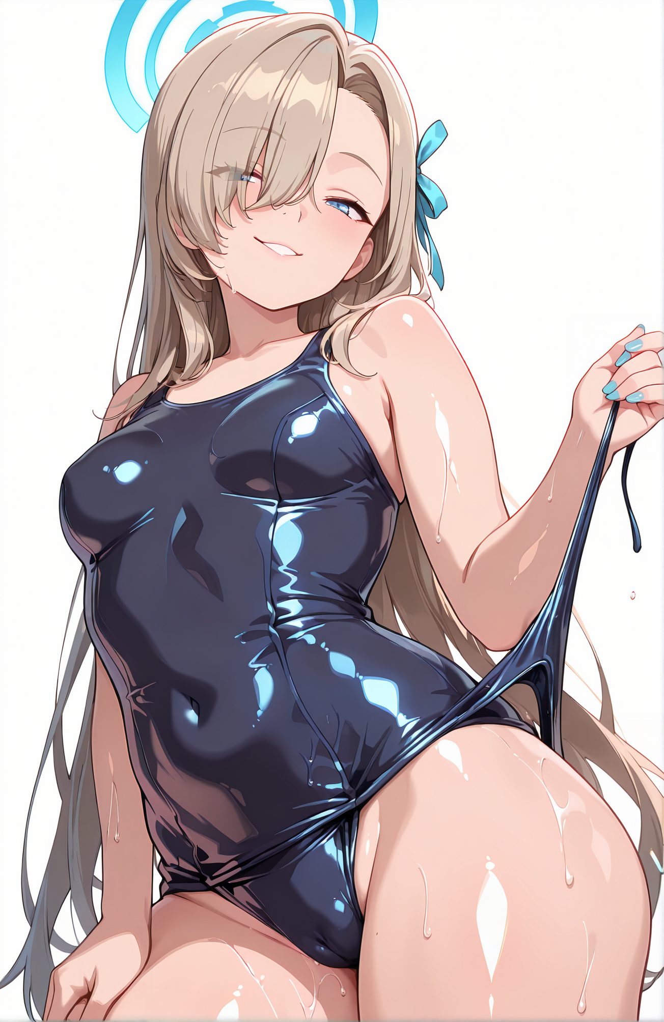 sensitive, questionable, 1girl, solo, long_hair, breasts, looking_at_viewer, blush, smile, bangs, blue_eyes, simple_background, white_background, ribbon, bare_shoulders, very_long_hair, swimsuit, hair_ribbon, thighs, cowboy_shot, small_breasts, alternate_costume, shiny, hair_over_one_eye, grin, wet, one-piece_swimsuit, shiny_skin, bare_arms, covered_navel, cameltoe, swept_bangs, halo, school_swimsuit, light_brown_hair, blue_ribbon, blue_nails, shiny_clothes, blue_one-piece_swimsuit, old_school_swimsuit, asuna_(blue_archive), 長い髪, 赤面, 笑顔, 前髪, 青い目, リボン, 肩出し, とても長い髪, 水着, 髪リボン, 小さな胸, 光沢, ワンピース水着, 光沢肌, 学校水着, 旧スクール水着, アスナ（ブルーアーカイブ）, 一之瀬アスナ_posted