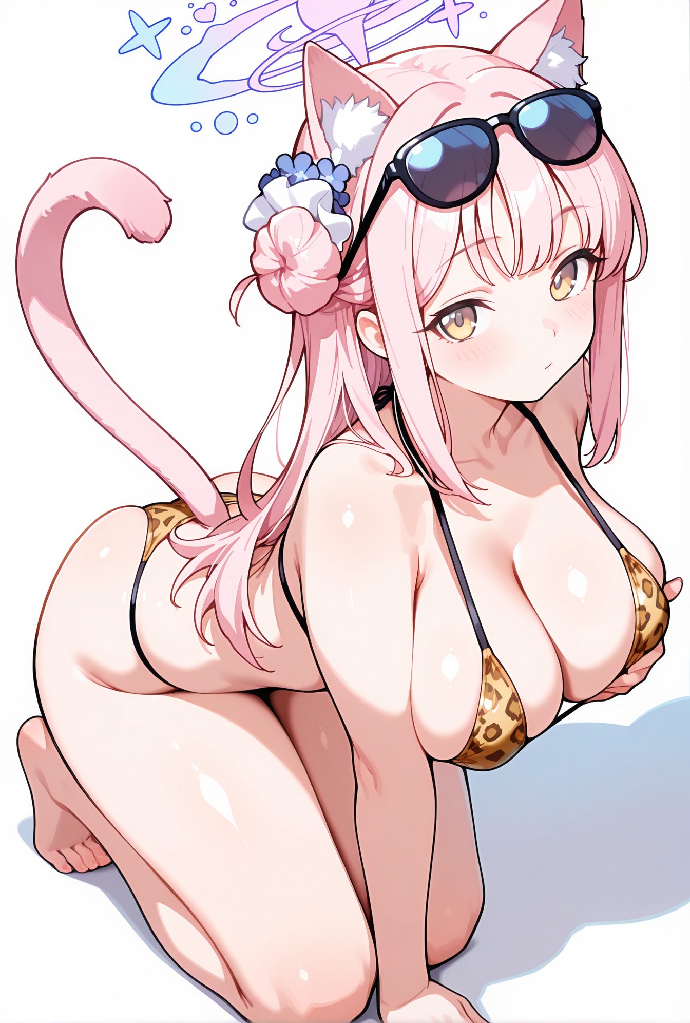 sensitive, 1girl, solo, long_hair, breasts, looking_at_viewer, blush, bangs, large_breasts, simple_background, hair_ornament, white_background, animal_ears, cleavage, bare_shoulders, closed_mouth, collarbone, tail, swimsuit, yellow_eyes, pink_hair, ass, flower, sidelocks, bikini, thighs, barefoot, cat_ears, hair_flower, hair_bun, cat_tail, animal_ear_fluff, bare_legs, skindentation, halterneck, halo, sunglasses, cat_girl, animal_print, all_fours, string_bikini, eyewear_on_head, single_side_bun, yellow_bikini, leopard_print, mika_(blue_archive), 長い髪, 赤面, 前髪, 大きな胸, 髪飾り, 動物耳, 肩出し, 口閉じ, 鎖骨, 水着, ピンク髪, サイドロック, ビキニ, 髪の花, 髪団子, 四つん這い, ストリングビキニ, ミカ（ブルーアーカイブ）