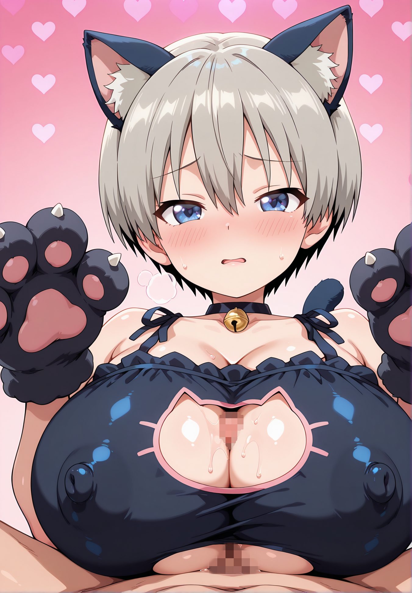 explicit, 1girl, breasts, looking_at_viewer, blush, short_hair, open_mouth, blue_eyes, large_breasts, gloves, 1boy, animal_ears, hair_between_eyes, underwear, collarbone, hetero, grey_hair, heart, sweat, censored, penis, solo_focus, choker, fang, cat_ears, bra, huge_breasts, mosaic_censoring, covered_nipples, clothing_cutout, bell, fake_animal_ears, pov, cleavage_cutout, pink_background, black_bra, jingle_bell, paizuri, neck_bell, animal_hands, meme_attire, paw_gloves, frilled_bra, cat_cutout, cat_lingerie, paizuri_under_clothes, uzaki_hana, Posted, パイズリ_posted, 赤面, 短い髪, 口開き, 青い目, 大きな胸, 手袋, 動物耳, 目にかかる髪, 下着, 鎖骨, 灰髪, 汗, チョーカー, ブラ, 巨大な胸, 偽動物耳, パイズリ, 猫ランジェリー, 着衣パイズリ, 宇崎花, ok