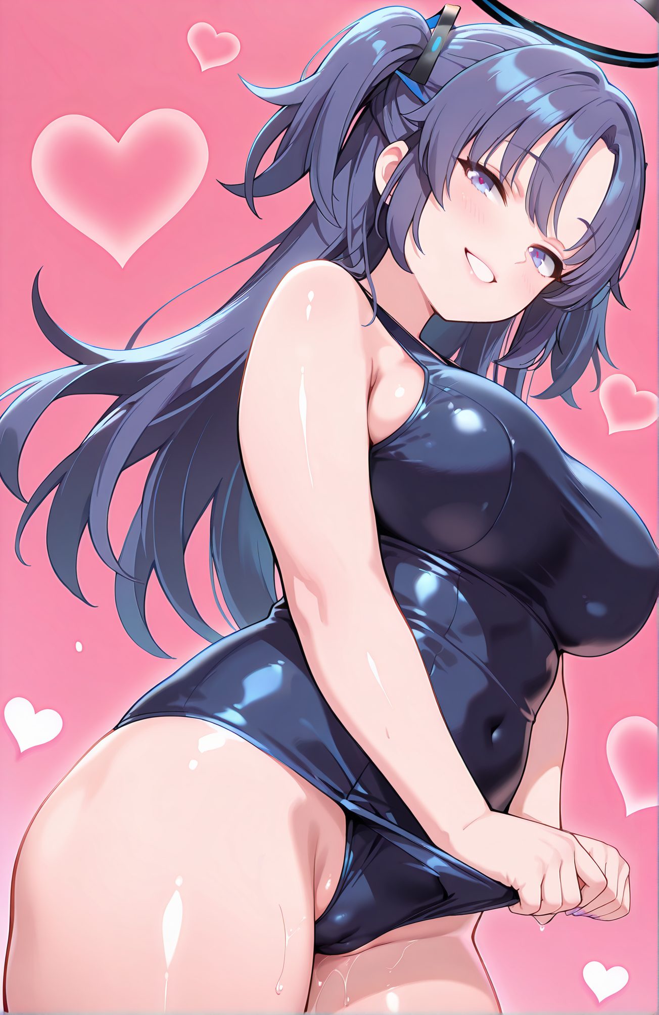 sensitive, questionable, 1girl, solo, long_hair, breasts, looking_at_viewer, blush, smile, bangs, blue_eyes, large_breasts, bare_shoulders, blue_hair, purple_eyes, swimsuit, purple_hair, heart, thighs, cowboy_shot, shiny, grin, two_side_up, wet, one-piece_swimsuit, covered_navel, cameltoe, halo, pink_background, school_swimsuit, shiny_clothes, blue_one-piece_swimsuit, old_school_swimsuit, yuuka_(blue_archive), 長い髪, 赤面, 笑顔, 前髪, 青い目, 大きな胸, 肩出し, 青髪, 水着, 紫髪, 光沢, 両側アップ, ワンピース水着, 学校水着, 旧スクール水着, ユウカ（ブルーアーカイブ）