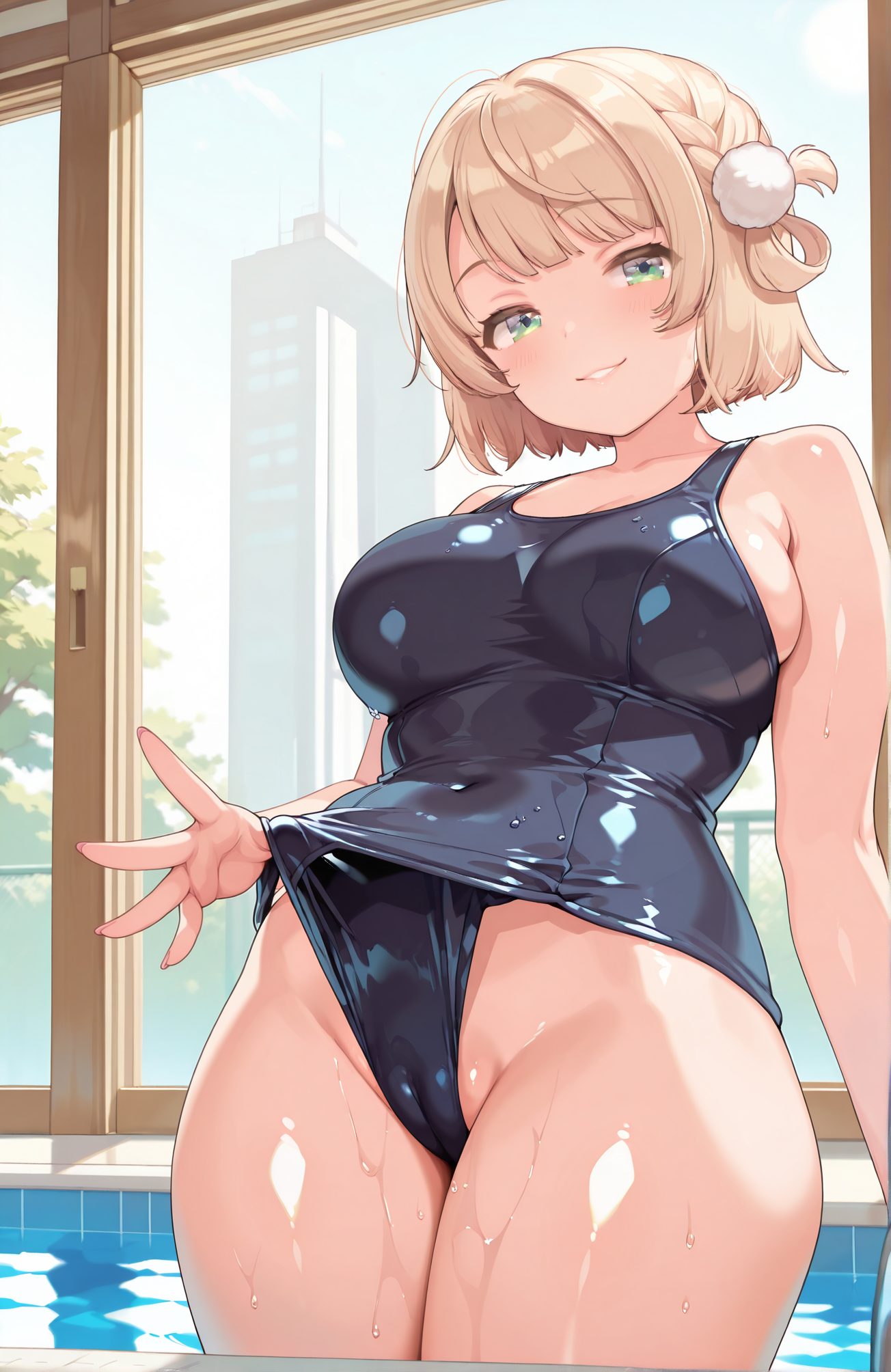 questionable, 1girl, solo, breasts, looking_at_viewer, blush, smile, short_hair, bangs, blonde_hair, large_breasts, hair_ornament, bare_shoulders, green_eyes, swimsuit, braid, thighs, cowboy_shot, parted_lips, virtual_youtuber, water, wet, one-piece_swimsuit, covered_navel, cameltoe, clothes_pull, school_swimsuit, light_brown_hair, pom_pom_(clothes), french_braid, hair_rings, blue_one-piece_swimsuit, black_one-piece_swimsuit, pool, one-piece_swimsuit_pull, pom_pom_hair_ornament, 赤面, 笑顔, 短い髪, 前髪, 金髪, 大きな胸, 髪飾り, 肩出し, 緑の目, 水着, バーチャルYouTuber, ワンピース水着, 学校水着, しぐれうい