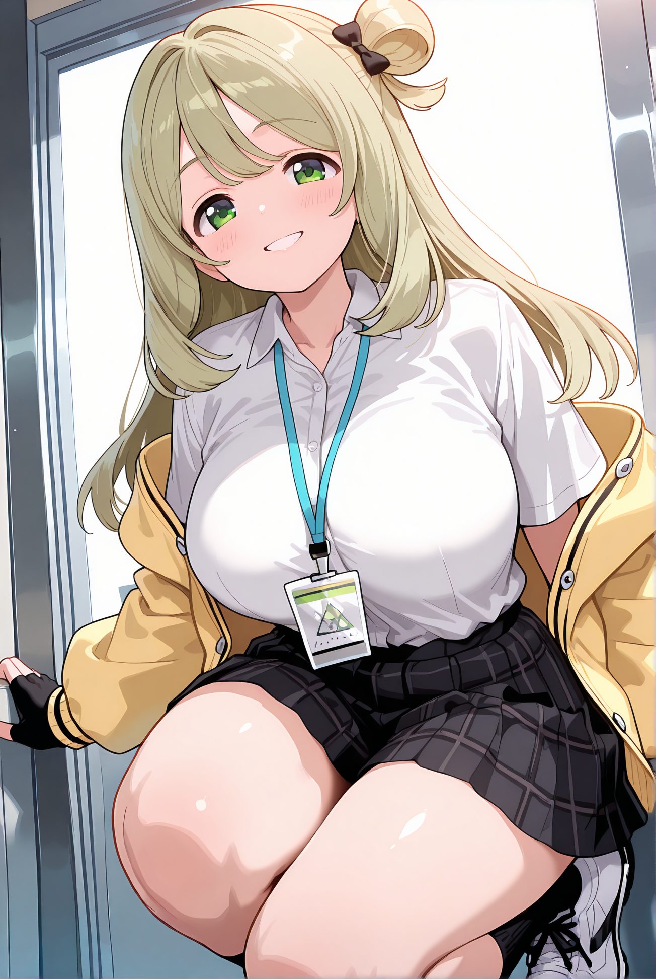 izayoi nonomi, sensitive, 1girl, solo, long_hair, breasts, looking_at_viewer, blush, smile, bangs, skirt, large_breasts, shirt, gloves, bow, school_uniform, green_eyes, jacket, white_shirt, hair_bow, thighs, pleated_skirt, open_clothes, shoes, black_gloves, socks, collared_shirt, fingerless_gloves, black_skirt, off_shoulder, hair_bun, grin, open_jacket, plaid, halo, plaid_skirt, squatting, single_hair_bun, white_footwear, shirt_tucked_in, single_side_bun, yellow_jacket, id_card, lanyard, nonomi_(blue_archive), 長い髪, 赤面, 笑顔, 前髪, スカート, 大きな胸, シャツ, 手袋, ボウ, 学校制服, 緑の目, 白シャツ, 髪ボウ, 衣服開く, 靴, 黒手袋, ソックス, 髪団子, 十六夜ののみ_posted