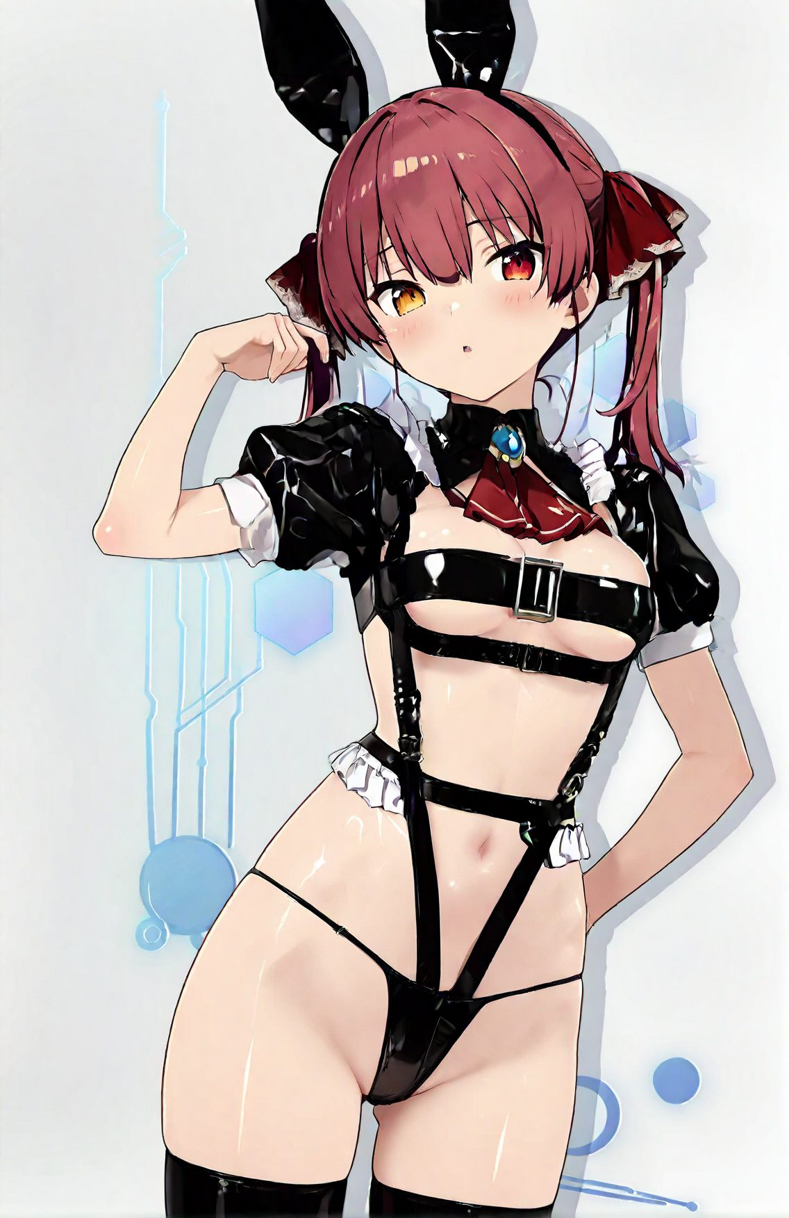 1girl, solo, breasts, virtual youtuber, heterochromia, ascot, houshou marine, animal ears, red eyes, red hair, yellow eyes, short sleeves, thighhighs, twintails, red ascot, fake animal ears, rabbit ears, looking at viewer, ribbon, hair ribbon, navel, blush, bangs, underwear, shrug \(clothing\), black thighhighs, puffy sleeves, black panties, panties, puffy short sleeves, jewelry, small breasts, parted lips, shiny, cowboy shot, brooch, revealing clothes, stomach, hand on hip, underboob, red ribbon, long hair, standing, hand up, frills, :o, thighs, buckle, groin, belt, medium breasts, arm behind back, hairband, shiny hair, reverse outfit, medium hair, 赤面, ツインテール, 赤髪, 下乳, パンツ, 獣耳, フリル, 下着, 貧乳, ロングヘア, 赤目, ぱっつん, うさ耳, アングル, ホロライブ, 宝鐘マリン, バーチャルYouTuber, 動物耳, 赤い目, 太ももハイソックス, 偽動物耳, リボン, 髪リボン, 前髪, ジュエリー, 小さな胸, 光沢, 赤リボン, 長い髪, 中くらいの胸, ヘアバンド