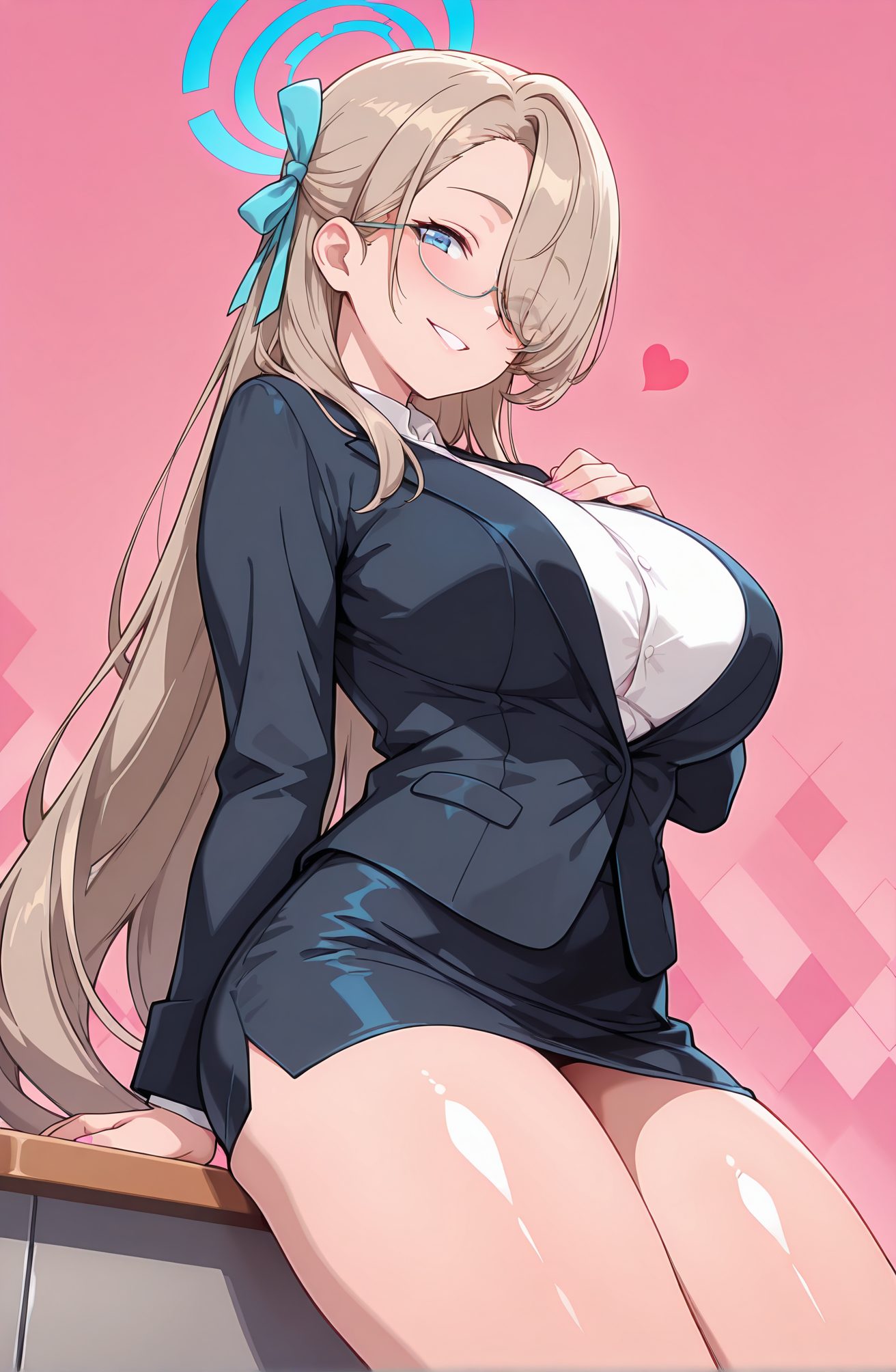 sensitive, 1girl, solo, long_hair, breasts, looking_at_viewer, blush, smile, bangs, blue_eyes, skirt, large_breasts, shirt, long_sleeves, ribbon, sitting, very_long_hair, jacket, hair_ribbon, white_shirt, heart, thighs, glasses, alternate_costume, collared_shirt, miniskirt, black_skirt, hair_over_one_eye, grin, black_jacket, arm_support, halo, formal, pink_background, blazer, light_brown_hair, eyes_visible_through_hair, suit, blue_ribbon, blue_jacket, hand_on_own_chest, pencil_skirt, asuna_(blue_archive), 長い髪, 赤面, 笑顔, 前髪, 青い目, スカート, 大きな胸, シャツ, リボン, 座り, とても長い髪, 髪リボン, 白シャツ, ミニスカート, ペンシルスカート, アスナ（ブルーアーカイブ）, 一之瀬アスナ_posted