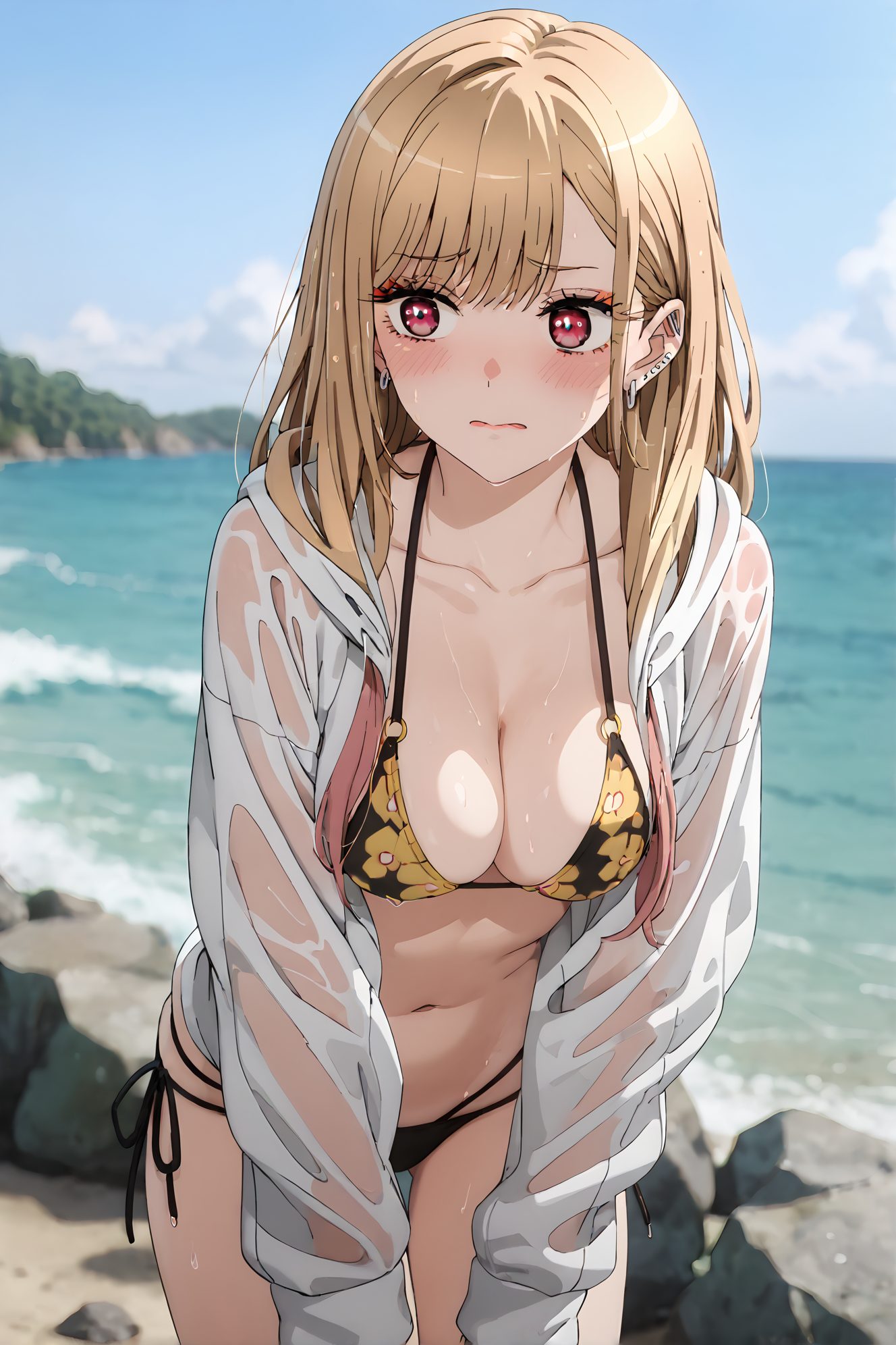 sensitive, 1girl, solo, long_hair, breasts, blush, bangs, blonde_hair, large_breasts, shirt, red_eyes, long_sleeves, navel, cleavage, jewelry, medium_breasts, closed_mouth, collarbone, swimsuit, white_shirt, bikini, multicolored_hair, cowboy_shot, earrings, outdoors, open_clothes, sky, day, water, blurry, blue_sky, wet, see-through, open_shirt, gradient_hair, leaning_forward, black_bikini, side-tie_bikini_bottom, ocean, halterneck, beach, piercing, floral_print, ear_piercing, wet_clothes, string_bikini, rock, bikini_under_clothes, wet_shirt, o-ring_bikini, print_bikini, multi-strapped_bikini, kitagawa_marin, 長い髪, 赤面, 前髪, 金髪, 大きな胸, シャツ, 赤い目, ジュエリー, 中くらいの胸, 口閉じ, 鎖骨, 水着, 白シャツ, ビキニ, 多色髪, イヤリング, 衣服開く, シャツ開く, ストリングビキニ, 喜多川海夢