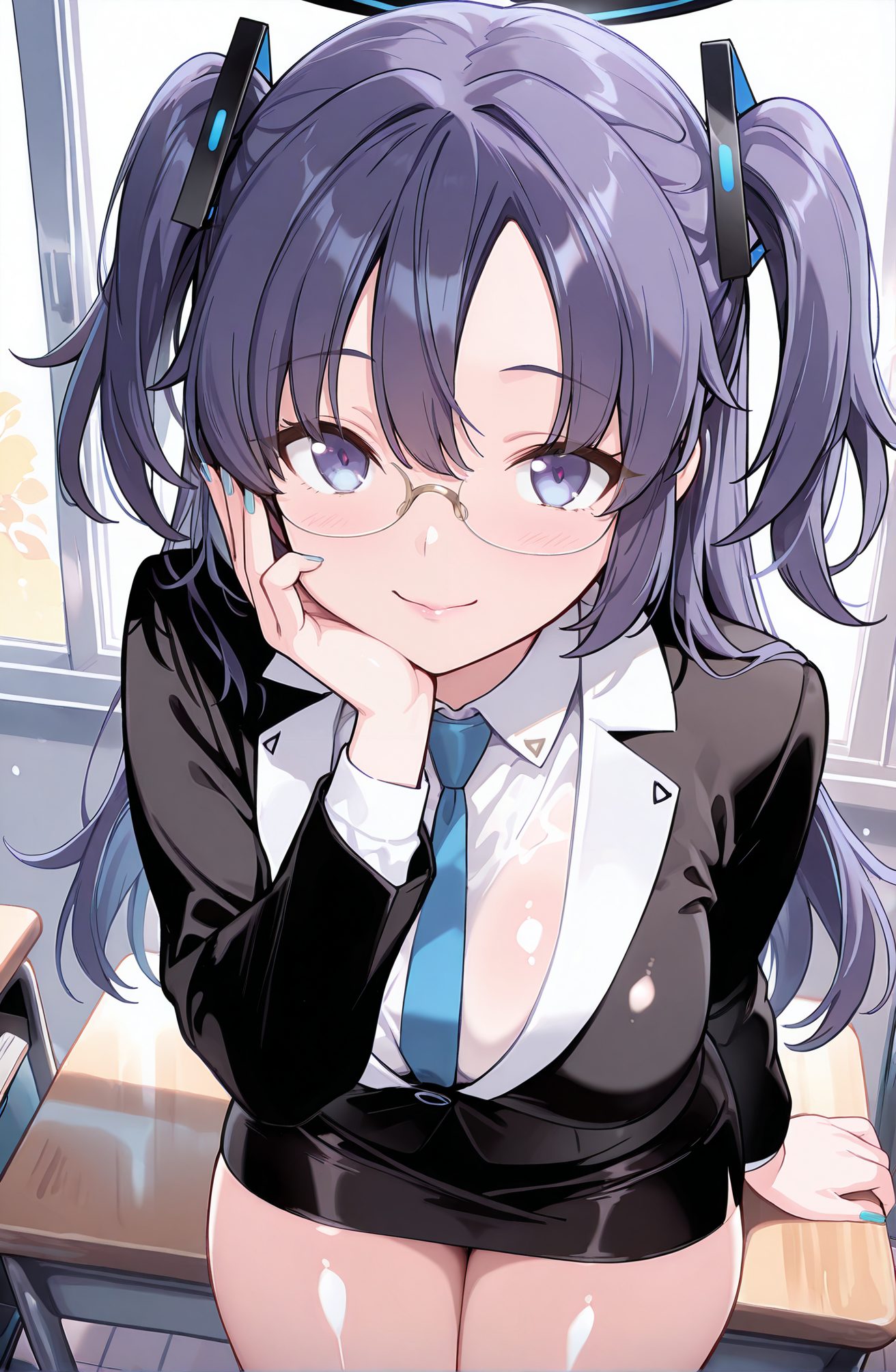 sensitive, 1girl, solo, long_hair, breasts, looking_at_viewer, blush, smile, bangs, blue_eyes, skirt, large_breasts, shirt, long_sleeves, sitting, closed_mouth, purple_eyes, jacket, white_shirt, purple_hair, thighs, necktie, glasses, collared_shirt, indoors, miniskirt, black_skirt, nail_polish, two_side_up, black_jacket, parted_bangs, window, arm_support, halo, formal, suit, hand_on_own_face, desk, blue_nails, blue_necktie, classroom, school_desk, on_desk, yuuka_(blue_archive), 長い髪, 赤面, 笑顔, 前髪, 青い目, スカート, 大きな胸, シャツ, 座り, 口閉じ, 白シャツ, 紫髪, ミニスカート, 両側アップ, ユウカ（ブルーアーカイブ）