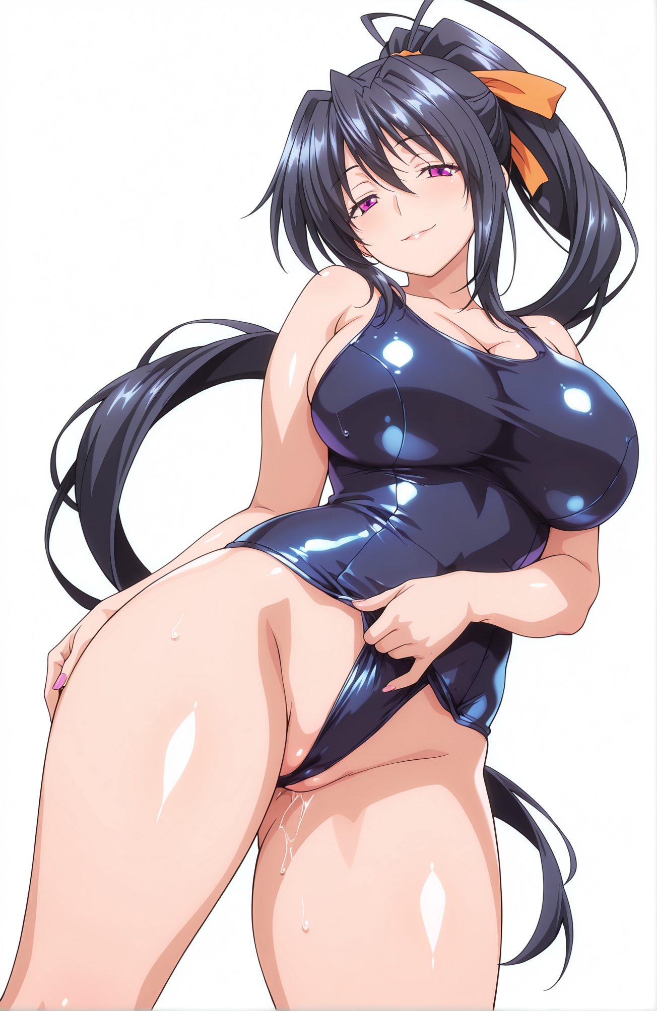 questionable, 1girl, solo, long_hair, breasts, looking_at_viewer, blush, smile, large_breasts, simple_background, black_hair, white_background, ribbon, cleavage, very_long_hair, purple_eyes, swimsuit, hair_ribbon, ponytail, shiny, one-piece_swimsuit, school_swimsuit, blue_one-piece_swimsuit, partially_visible_vulva, wedgie, himejima_akeno, 長い髪, 赤面, 笑顔, 大きな胸, 黒髪, リボン, とても長い髪, 水着, 髪リボン, ポニーテール, 光沢, ワンピース水着, 学校水着, 姫島朱乃