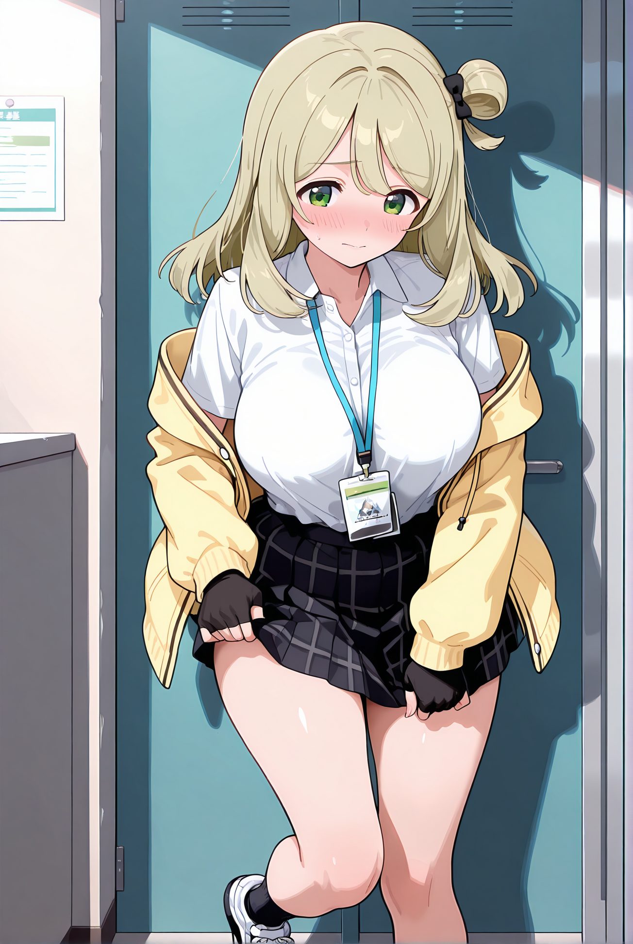 izayoi nonomi, sensitive, 1girl, solo, long_hair, breasts, looking_at_viewer, blush, bangs, skirt, blonde_hair, large_breasts, shirt, gloves, long_sleeves, bow, closed_mouth, school_uniform, green_eyes, standing, jacket, white_shirt, hair_bow, thighs, pleated_skirt, open_clothes, shoes, black_gloves, socks, collared_shirt, fingerless_gloves, black_skirt, off_shoulder, hair_bun, open_jacket, plaid, shadow, embarrassed, halo, plaid_skirt, single_hair_bun, white_footwear, standing_on_one_leg, cardigan, sneakers, single_side_bun, yellow_jacket, id_card, locker, lanyard, nonomi_(blue_archive), 長い髪, 赤面, 前髪, スカート, 金髪, 大きな胸, シャツ, 手袋, ボウ, 口閉じ, 学校制服, 緑の目, 白シャツ, 髪ボウ, 衣服開く, 靴, 黒手袋, ソックス, 髪団子, 十六夜ののみ_posted