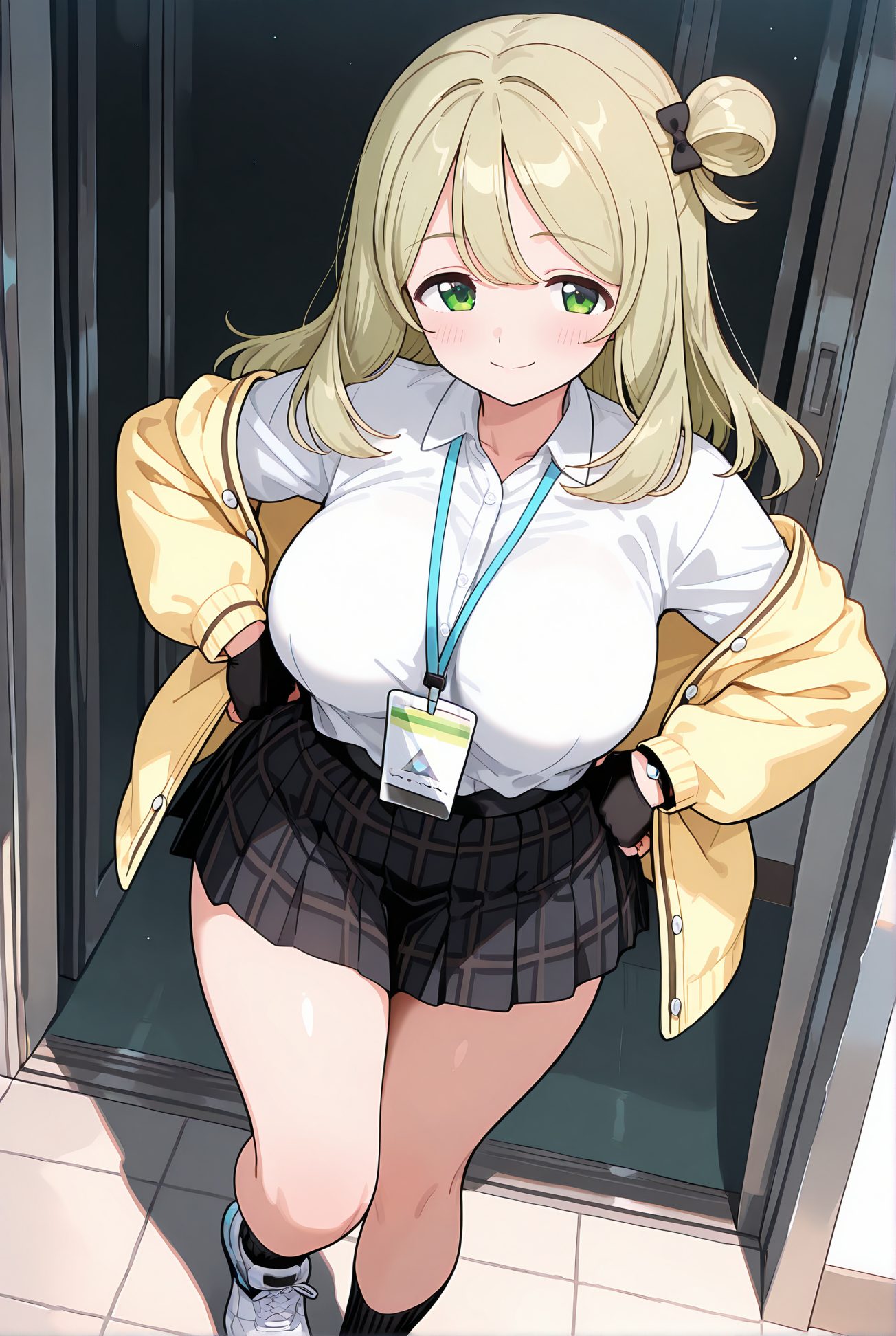 izayoi nonomi, sensitive, 1girl, solo, long_hair, breasts, looking_at_viewer, blush, smile, bangs, skirt, blonde_hair, large_breasts, shirt, gloves, long_sleeves, bow, closed_mouth, school_uniform, green_eyes, standing, jacket, white_shirt, hair_bow, thighs, pleated_skirt, open_clothes, shoes, black_gloves, socks, collared_shirt, fingerless_gloves, black_skirt, off_shoulder, hair_bun, open_jacket, plaid, halo, plaid_skirt, sneakers, hands_on_hips, yellow_jacket, id_card, nonomi_(blue_archive), 長い髪, 赤面, 笑顔, 前髪, スカート, 金髪, 大きな胸, シャツ, 手袋, ボウ, 口閉じ, 学校制服, 緑の目, 白シャツ, 髪ボウ, 衣服開く, 靴, 黒手袋, ソックス, 髪団子, 十六夜ののみ_posted