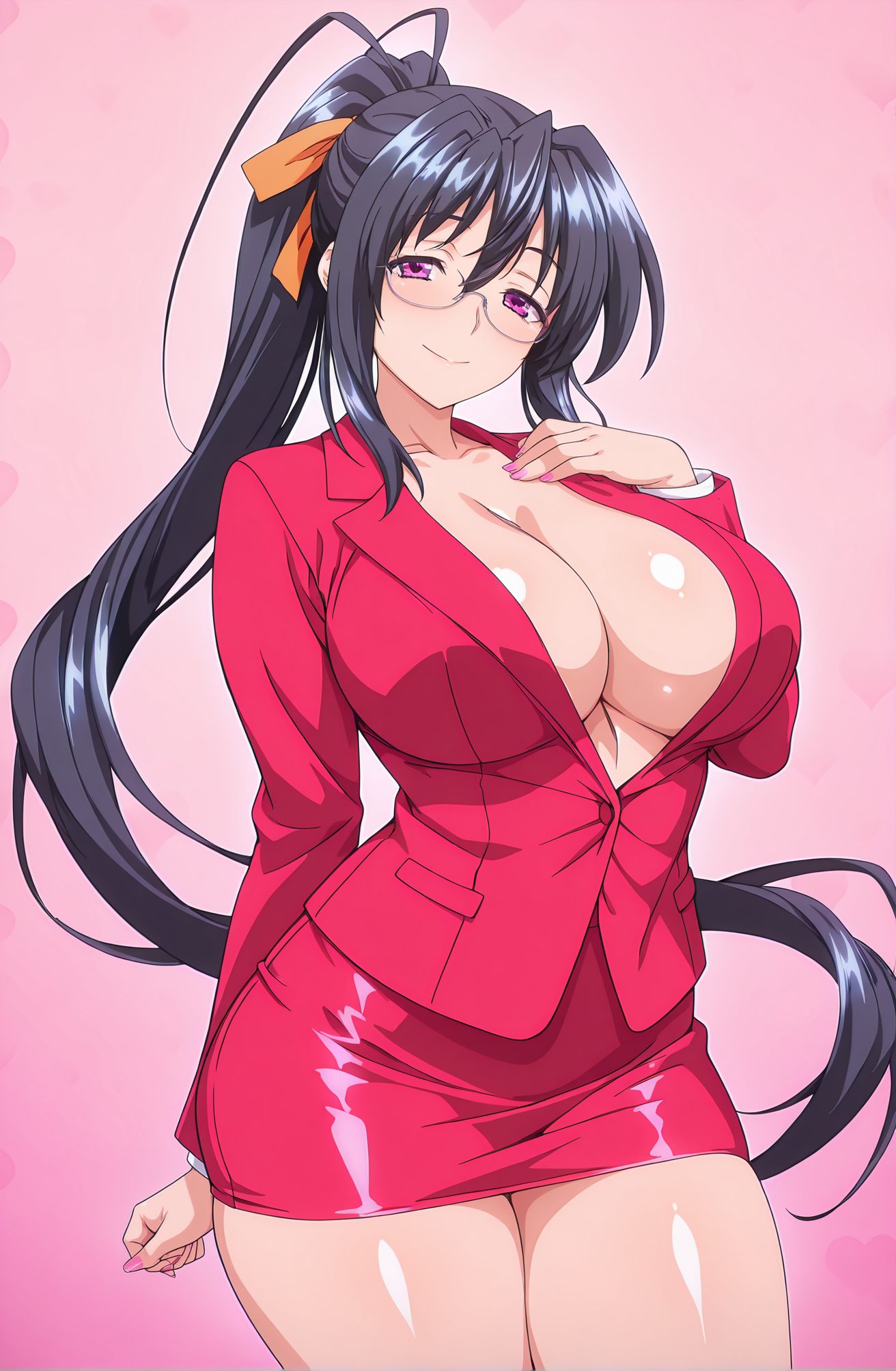 sensitive, 1girl, solo, long_hair, breasts, looking_at_viewer, blush, smile, bangs, skirt, large_breasts, black_hair, long_sleeves, ribbon, cleavage, hair_between_eyes, very_long_hair, closed_mouth, purple_eyes, collarbone, jacket, hair_ribbon, ponytail, thighs, cowboy_shot, glasses, shiny, miniskirt, nail_polish, shiny_skin, red_skirt, formal, pink_background, suit, hand_on_own_chest, red_jacket, pink_nails, pencil_skirt, skirt_suit, orange_ribbon, himejima_akeno, 長い髪, 赤面, 笑顔, 前髪, スカート, 大きな胸, 黒髪, リボン, 目にかかる髪, とても長い髪, 口閉じ, 鎖骨, 髪リボン, ポニーテール, 光沢, ミニスカート, 光沢肌, ペンシルスカート, スカートスーツ, 姫島朱乃