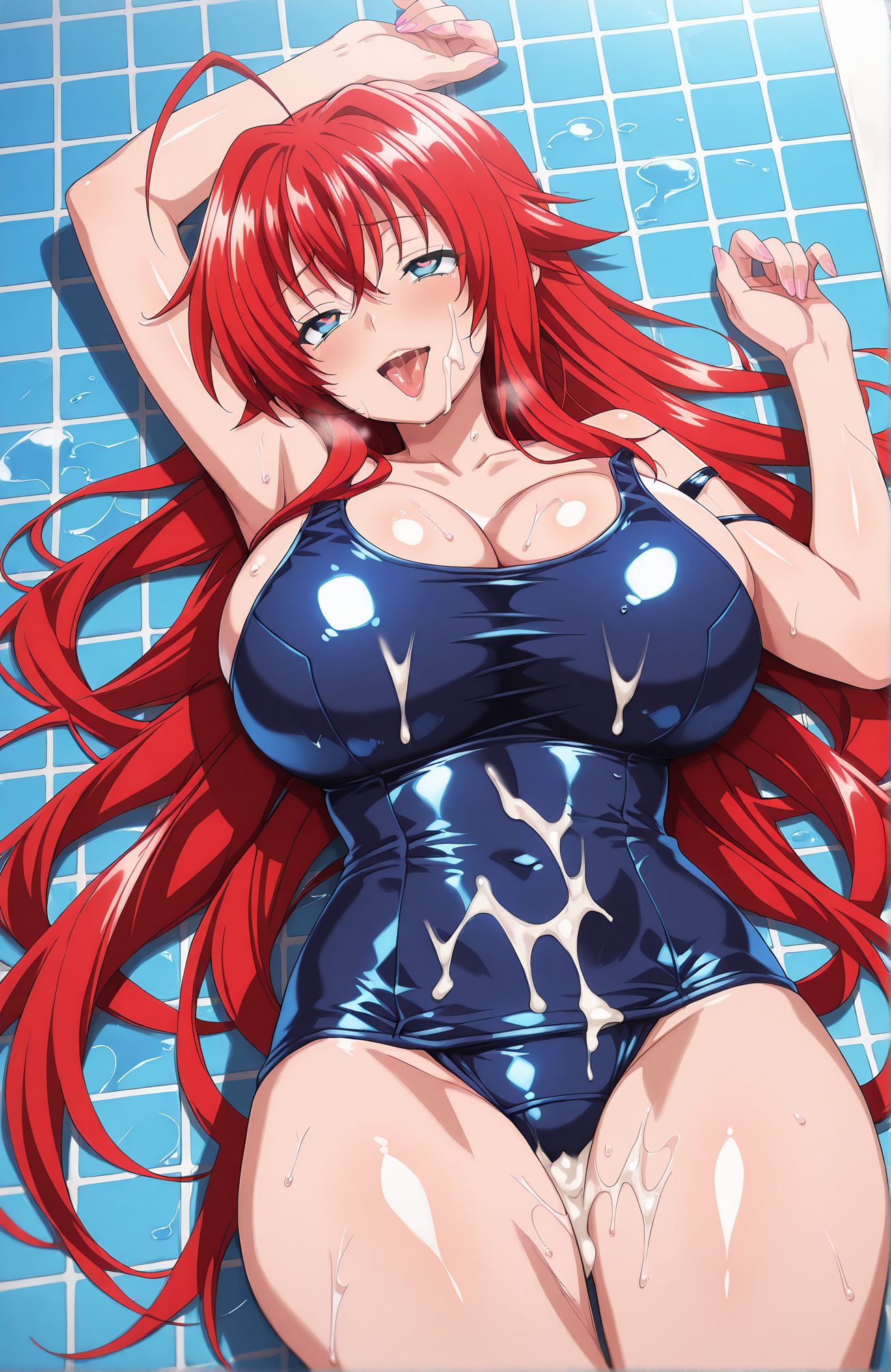 explicit, 1girl, solo, long_hair, breasts, looking_at_viewer, blush, smile, open_mouth, bangs, blue_eyes, large_breasts, cleavage, hair_between_eyes, bare_shoulders, very_long_hair, collarbone, swimsuit, ahoge, heart, thighs, red_hair, lying, tongue, shiny, cum, tongue_out, on_back, huge_breasts, arm_up, wet, one-piece_swimsuit, symbol-shaped_pupils, covered_navel, heart-shaped_pupils, cum_on_body, school_swimsuit, after_sex, shiny_clothes, blue_one-piece_swimsuit, on_floor, ahegao, tiles, cum_on_clothes, tile_floor, huge_ahoge, rias_gremory, 長い髪, 赤面, 笑顔, 口開き, 前髪, 青い目, 大きな胸, 目にかかる髪, 肩出し, とても長い髪, 鎖骨, 水着, アホ毛, 赤髪, 横たわり, 光沢, 精液, 舌出し, 仰向け, 巨大な胸, ワンピース水着, ハート目, ぶっかけ（体）, 学校水着, 事後, アヘ顔, リアス・グレモリー