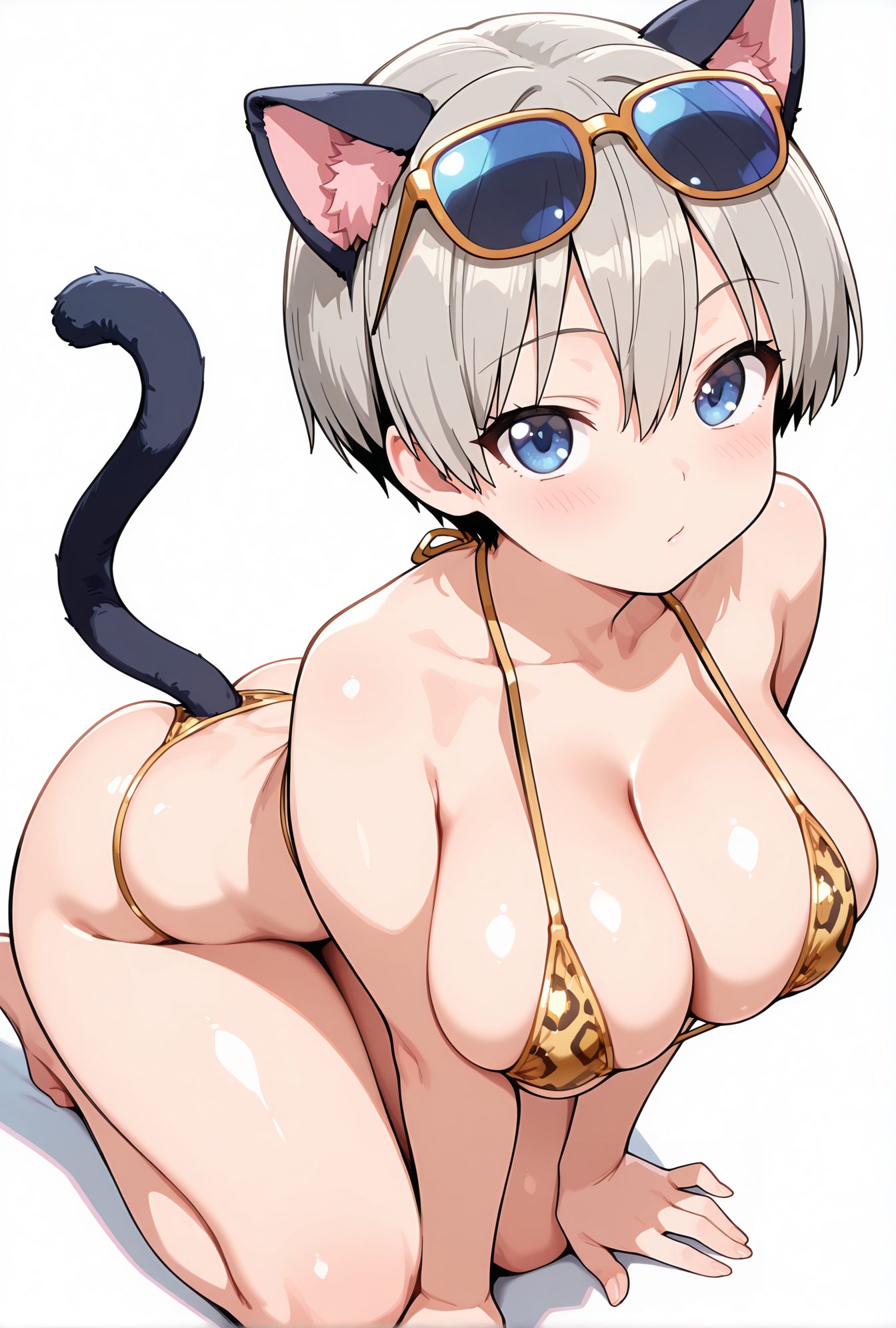 sensitive, 1girl, solo, breasts, looking_at_viewer, blush, short_hair, bangs, blue_eyes, large_breasts, simple_background, white_background, animal_ears, cleavage, hair_between_eyes, bare_shoulders, closed_mouth, collarbone, tail, swimsuit, grey_hair, bikini, cat_ears, cat_tail, skindentation, fake_animal_ears, halterneck, sunglasses, cat_girl, animal_print, all_fours, string_bikini, eyewear_on_head, yellow_bikini, leopard_print, uzaki_hana, 赤面, 短い髪, 前髪, 青い目, 大きな胸, 動物耳, 目にかかる髪, 肩出し, 口閉じ, 鎖骨, 水着, 灰髪, ビキニ, 偽動物耳, 四つん這い, ストリングビキニ, 宇崎花