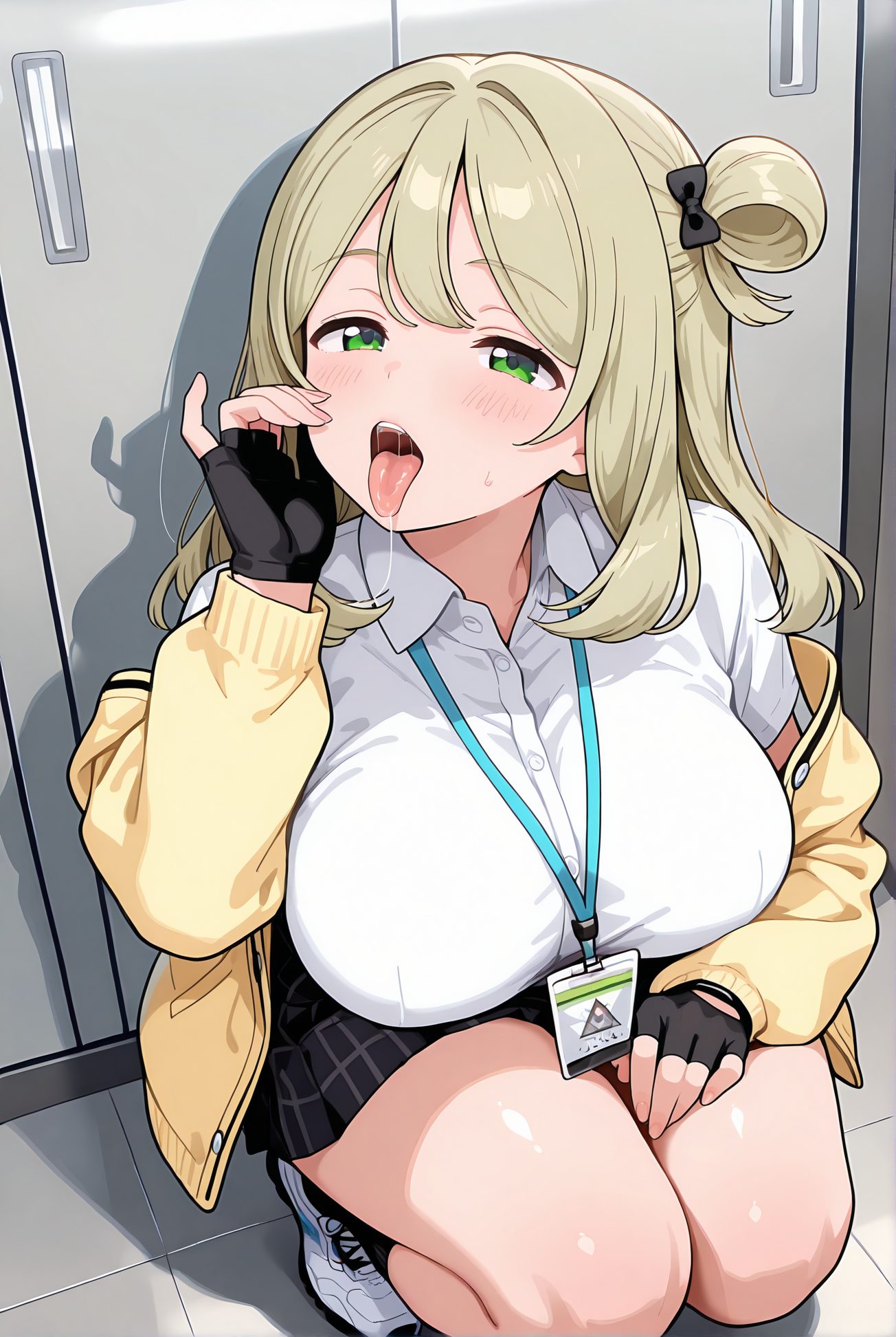 izayoi nonomi, sensitive, 1girl, solo, long_hair, breasts, looking_at_viewer, blush, open_mouth, bangs, skirt, large_breasts, shirt, gloves, long_sleeves, bow, green_eyes, jacket, white_shirt, hair_bow, open_clothes, shoes, tongue, black_gloves, collared_shirt, tongue_out, fingerless_gloves, black_skirt, hair_bun, saliva, squatting, single_hair_bun, yellow_jacket, id_card, fellatio_gesture, oral_invitation, nonomi_(blue_archive), 長い髪, 赤面, 口開き, 前髪, スカート, 大きな胸, シャツ, 手袋, ボウ, 緑の目, 白シャツ, 髪ボウ, 衣服開く, 靴, 黒手袋, 舌出し, 髪団子, よだれ, 十六夜ののみ_posted