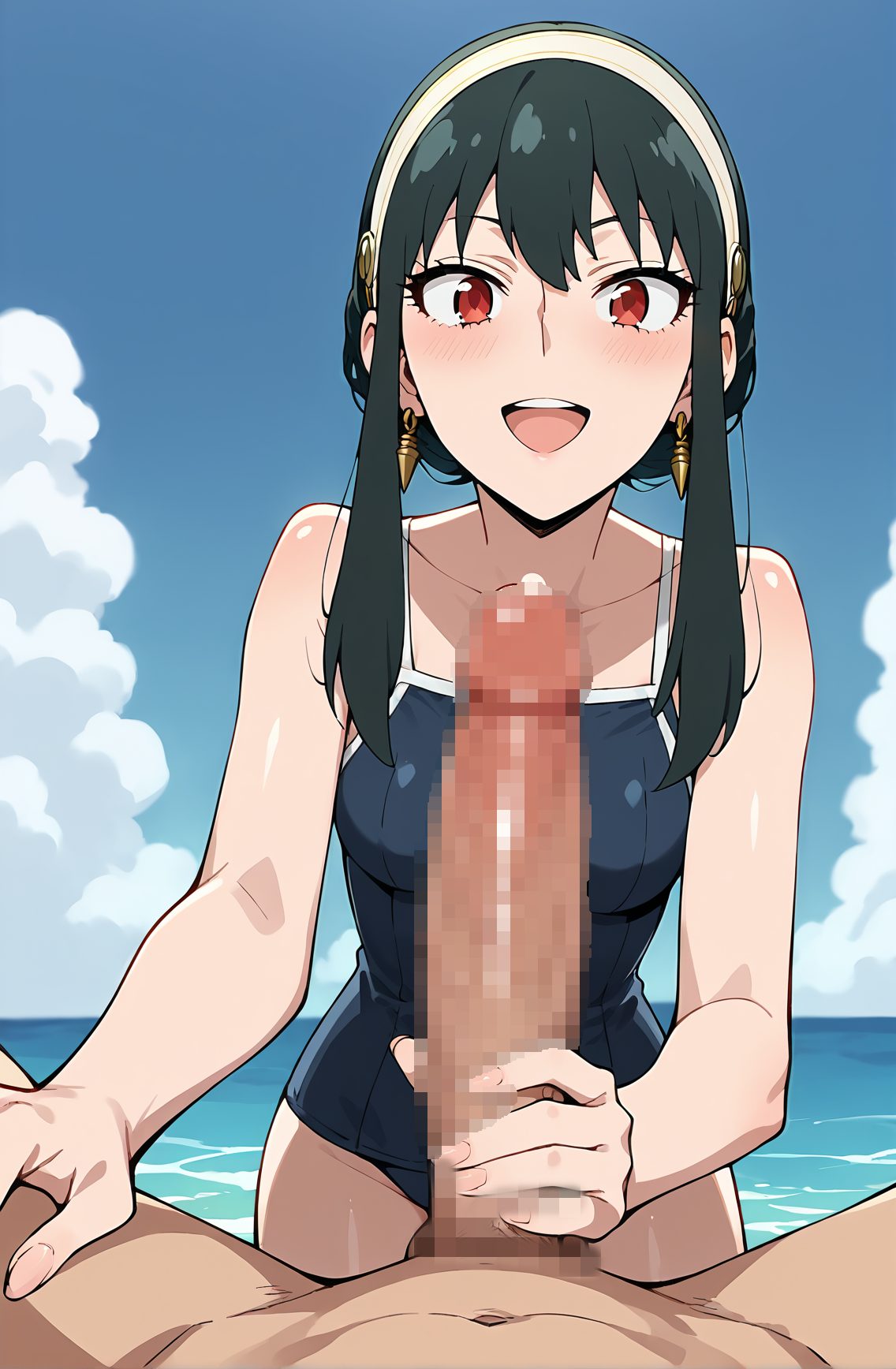 1girl, uncensored, yor briar, 1boy, hetero, penis, veiny penis, male pubic hair, open mouth, pubic hair, veins, swimsuit, jewelry, red eyes, smile, looking at viewer, black hair, breasts, earrings, hairband, large penis, one-piece swimsuit, blush, sidelocks, nude, school swimsuit, :d, solo focus, erection, collarbone, sky, short hair with long locks, ocean, clothed female nude male, handjob, medium breasts, outdoors, bare shoulders, teeth, 赤面, 笑顔, 裸, 黒髪, 水着, 手コキ, 露出, 赤目, ちんこ, ワンピース, スクール水着, SPY×FAMILY, 無修正, ヨル・ブライア, 口開き, ジュエリー, 赤い目, イヤリング, ヘアバンド, ワンピース水着, サイドロック, 学校水着, 鎖骨, 中くらいの胸, 肩出し, Posted, 手コキ_posted