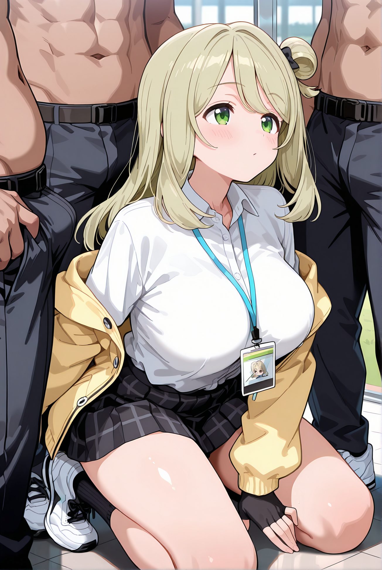 izayoi nonomi, questionable, 1girl, long_hair, breasts, blush, bangs, skirt, blonde_hair, large_breasts, shirt, gloves, long_sleeves, green_eyes, jacket, white_shirt, hetero, thighs, multiple_boys, open_clothes, shoes, solo_focus, black_gloves, socks, collared_shirt, pants, 2boys, fingerless_gloves, black_skirt, off_shoulder, hair_bun, plaid, dress_shirt, kneeling, plaid_skirt, black_pants, white_footwear, cardigan, 3boys, sneakers, bulge, shirt_tucked_in, yellow_jacket, id_card, erection_under_clothes, nonomi_(blue_archive), 長い髪, 赤面, 前髪, スカート, 金髪, 大きな胸, シャツ, 手袋, 緑の目, 白シャツ, 衣服開く, 靴, 黒手袋, ソックス, 髪団子, 十六夜ののみ_posted