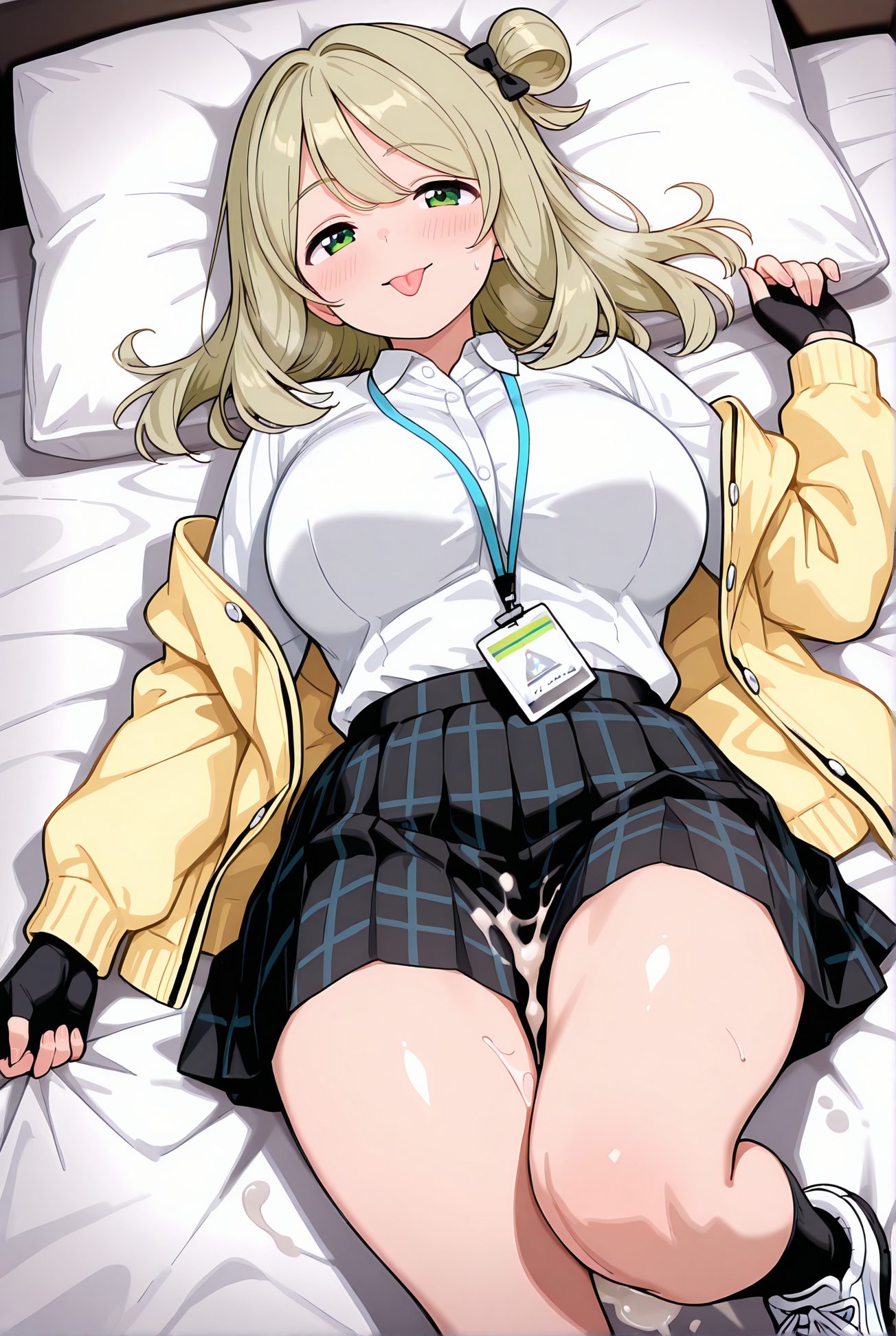 izayoi nonomi, explicit, 1girl, solo, long_hair, breasts, looking_at_viewer, blush, smile, bangs, skirt, large_breasts, shirt, gloves, long_sleeves, bow, school_uniform, green_eyes, jacket, white_shirt, hair_bow, thighs, pleated_skirt, lying, open_clothes, shoes, tongue, black_gloves, socks, collared_shirt, cum, tongue_out, on_back, fingerless_gloves, black_skirt, hair_bun, open_jacket, pillow, plaid, bed, bed_sheet, on_bed, plaid_skirt, single_hair_bun, cum_on_body, black_socks, :p, single_side_bun, id_card, lanyard, nonomi_(blue_archive), 長い髪, 赤面, 笑顔, 前髪, スカート, 大きな胸, シャツ, 手袋, ボウ, 学校制服, 緑の目, 白シャツ, 髪ボウ, 横たわり, 衣服開く, 靴, 黒手袋, ソックス, 精液, 舌出し, 仰向け, 髪団子, ぶっかけ（体）, 黒ソックス, 十六夜ののみ_posted