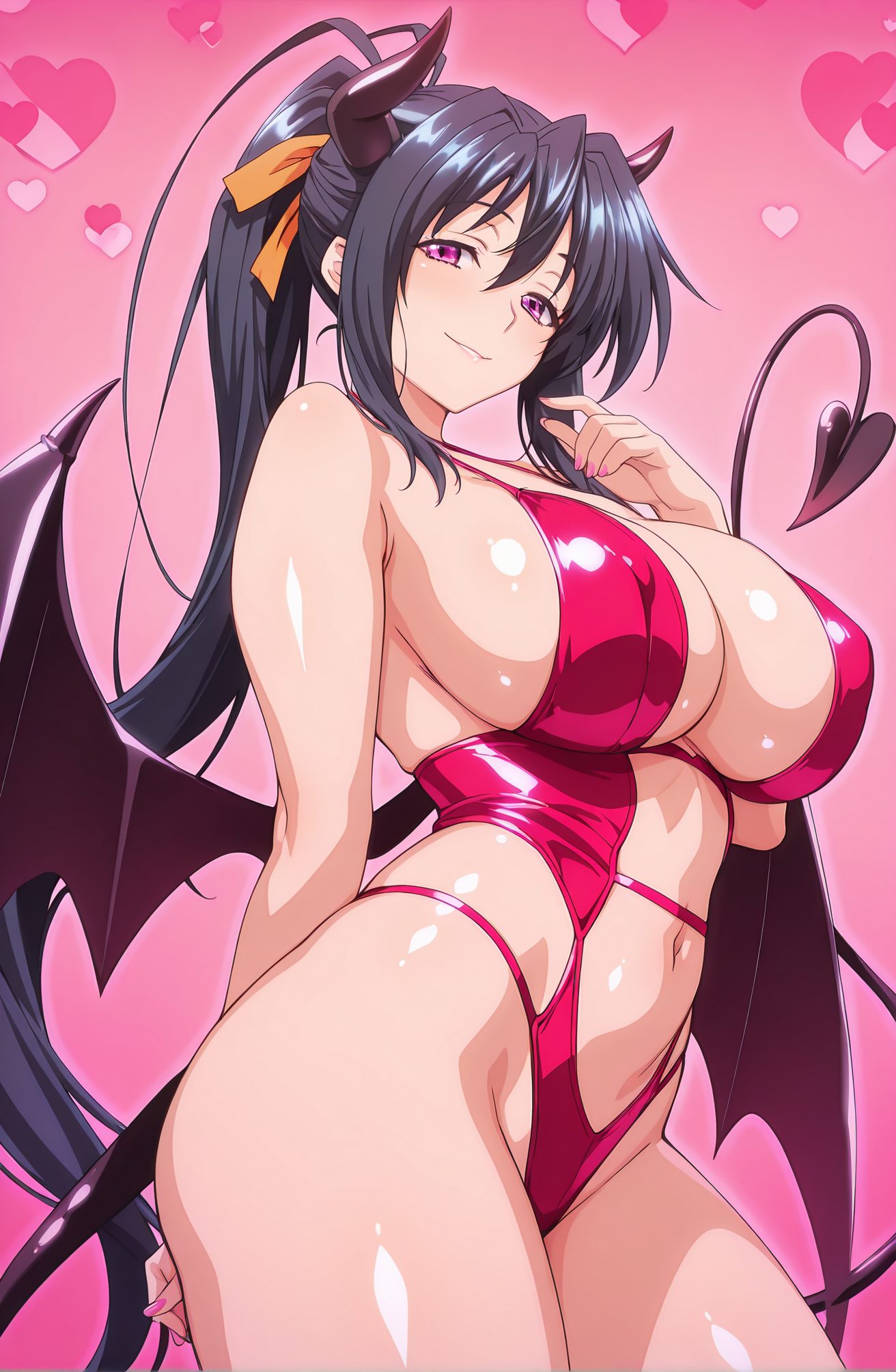 sensitive, questionable, 1girl, solo, long_hair, breasts, looking_at_viewer, smile, bangs, large_breasts, black_hair, ribbon, navel, cleavage, hair_between_eyes, bare_shoulders, very_long_hair, closed_mouth, purple_eyes, tail, swimsuit, hair_ribbon, ponytail, heart, sidelocks, thighs, cowboy_shot, wings, horns, shiny, nail_polish, covered_nipples, leotard, fingernails, shiny_skin, highleg, pink_background, demon_girl, demon_horns, revealing_clothes, demon_tail, pink_nails, halloween, demon_wings, halloween_costume, orange_ribbon, himejima_akeno, 長い髪, 笑顔, 前髪, 大きな胸, 黒髪, リボン, 目にかかる髪, 肩出し, とても長い髪, 口閉じ, 水着, 髪リボン, ポニーテール, サイドロック, 光沢, レオタード, 光沢肌, 姫島朱乃