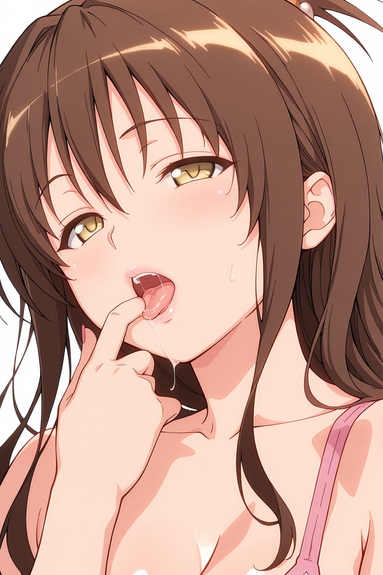 sensitive, questionable, 1girl, solo, long_hair, breasts, looking_at_viewer, blush, open_mouth, bangs, simple_background, brown_hair, hair_ornament, white_background, cleavage, brown_eyes, medium_breasts, underwear, collarbone, yellow_eyes, upper_body, tongue, tongue_out, nail_polish, bra, lips, saliva, hair_bobbles, finger_to_mouth, pink_bra, yuuki_mikan, 長い髪, 赤面, 口開き, 前髪, 茶髪, 髪飾り, 中くらいの胸, 下着, 鎖骨, 舌出し, ブラ, よだれ, 結城美柑