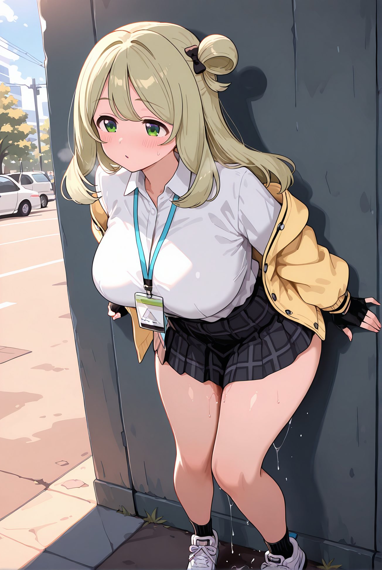 izayoi nonomi, sensitive, 1girl, solo, long_hair, breasts, blush, bangs, skirt, blonde_hair, large_breasts, shirt, gloves, long_sleeves, bow, school_uniform, green_eyes, standing, jacket, full_body, white_shirt, hair_bow, thighs, sweat, pleated_skirt, outdoors, open_clothes, shoes, day, black_gloves, socks, collared_shirt, fingerless_gloves, black_skirt, hair_bun, open_jacket, plaid, pussy_juice, halo, plaid_skirt, single_hair_bun, white_footwear, ground_vehicle, sneakers, motor_vehicle, yellow_jacket, id_card, nonomi_(blue_archive), 長い髪, 赤面, 前髪, スカート, 金髪, 大きな胸, シャツ, 手袋, ボウ, 学校制服, 緑の目, 白シャツ, 髪ボウ, 汗, 衣服開く, 靴, 黒手袋, ソックス, 髪団子, 愛液, 十六夜ののみ_posted